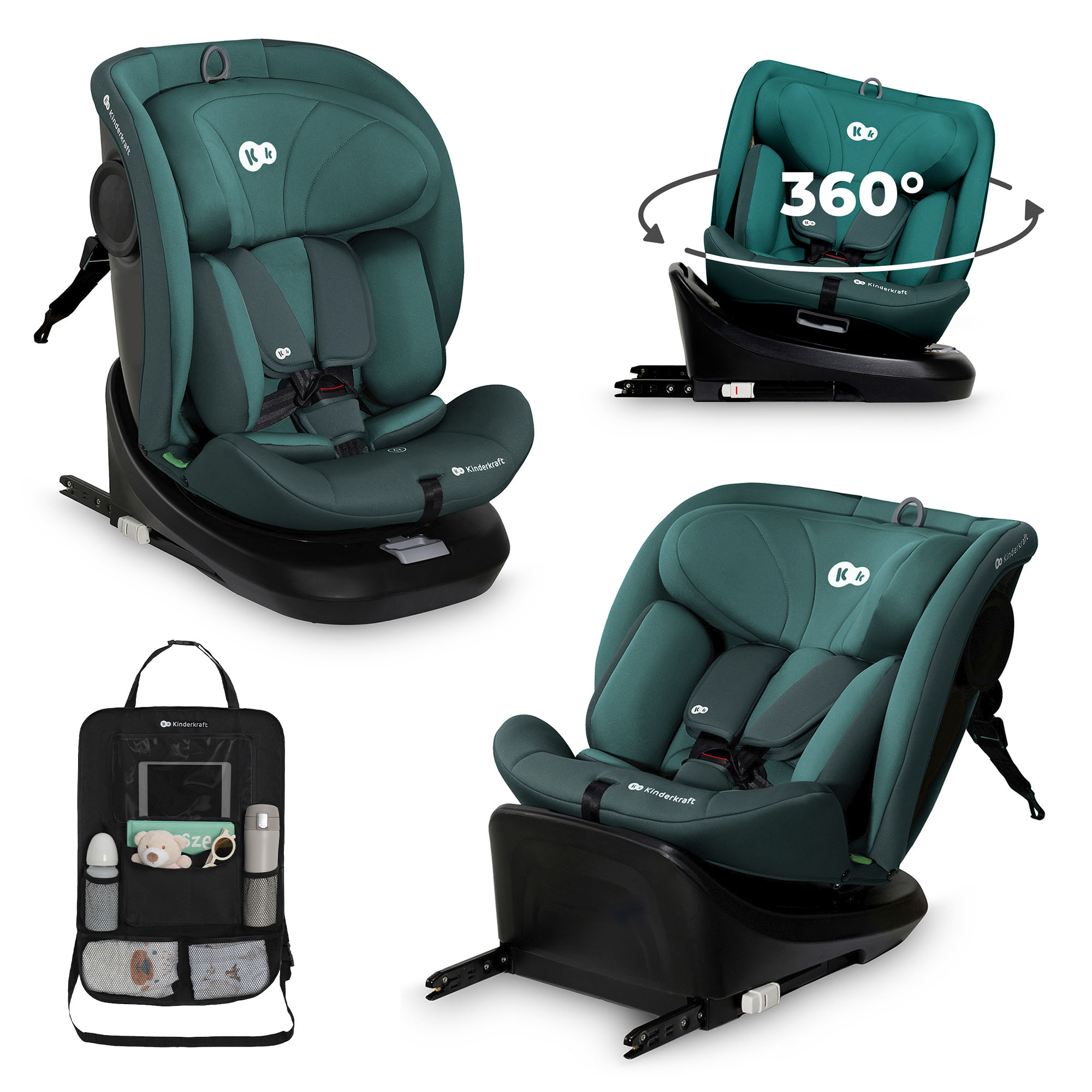 Kindersitz mit 360-Grad-Drehung und Autotaschen-Organizer.