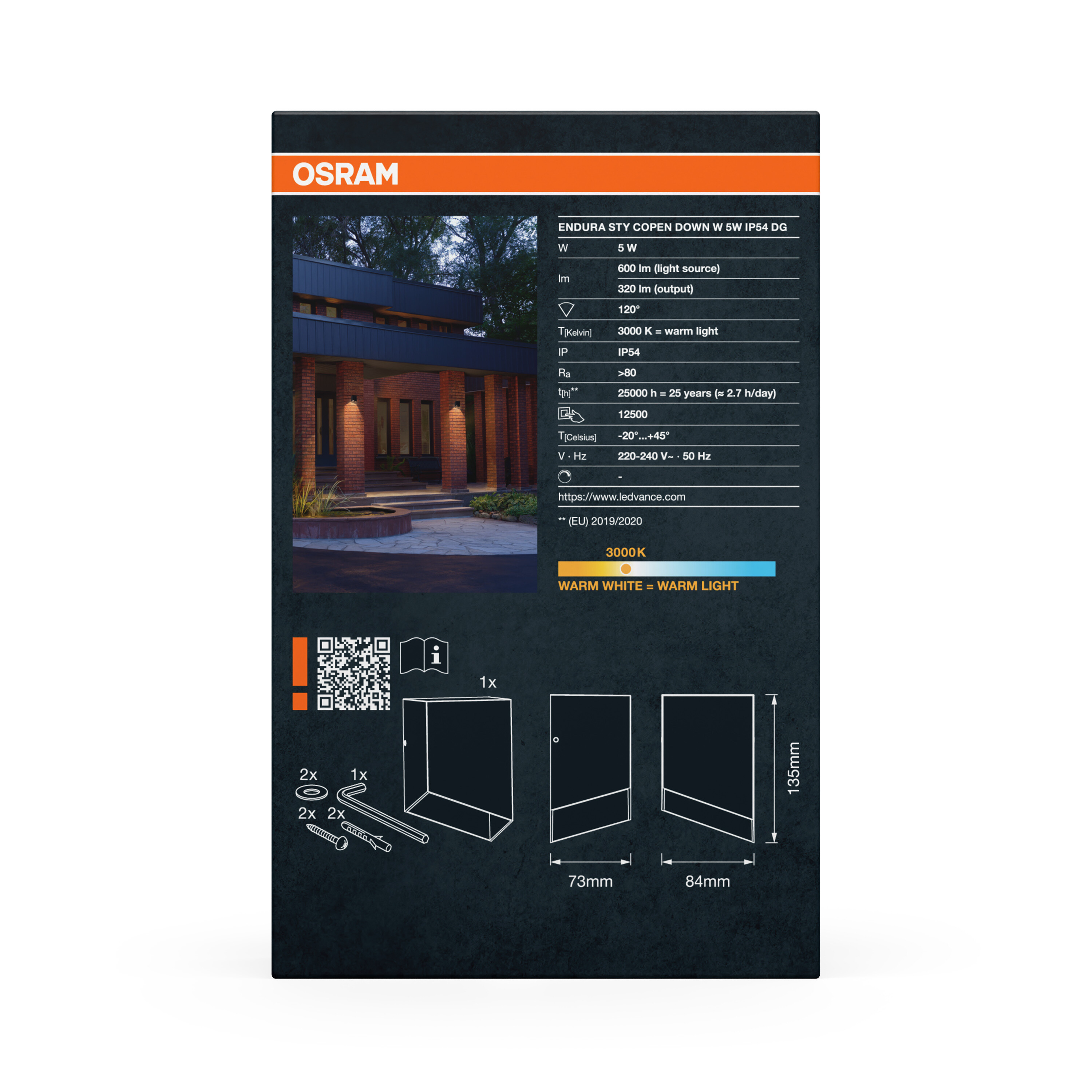 OSRAM Leuchte mit technischen Daten und Abmessungen. Außenansicht eines Hauses.
