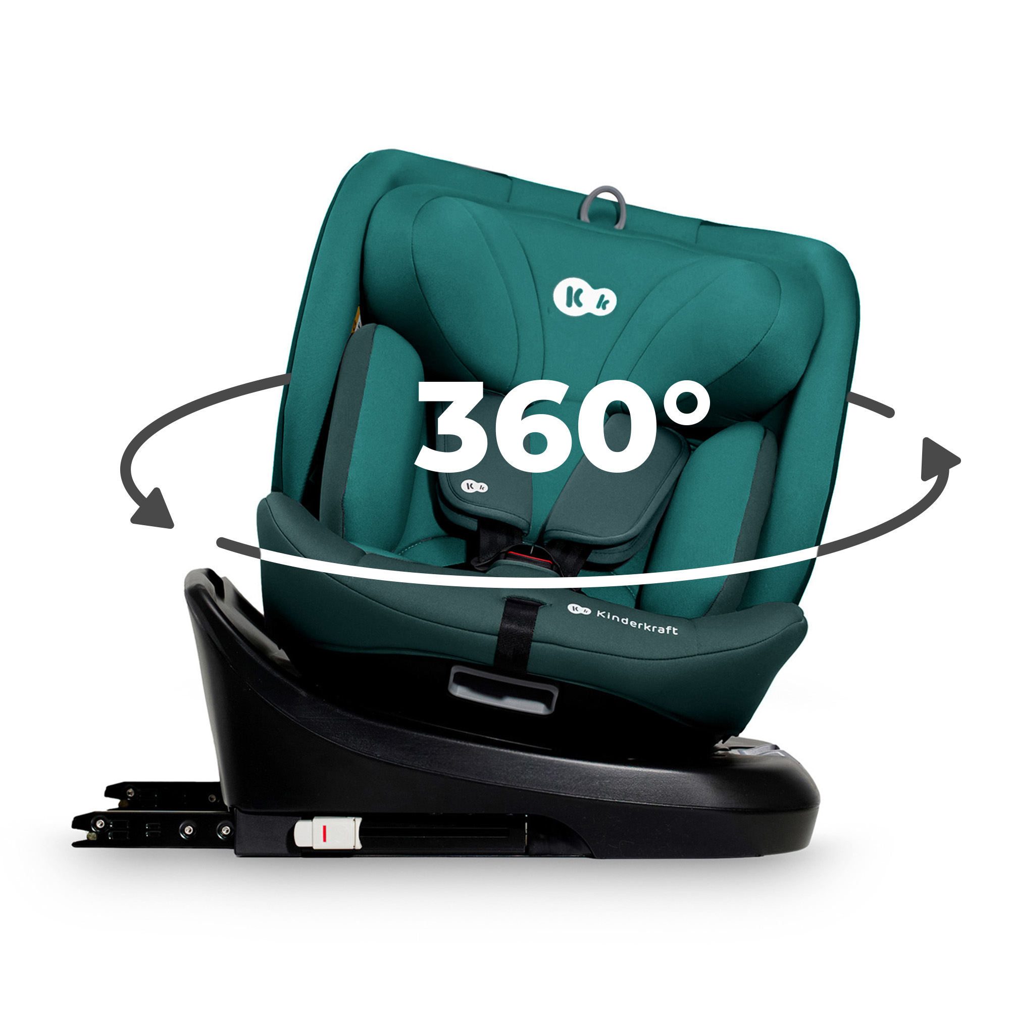 Ein smaragdgrüner Kindersitz mit 360°-Drehung auf schwarzer Basis.