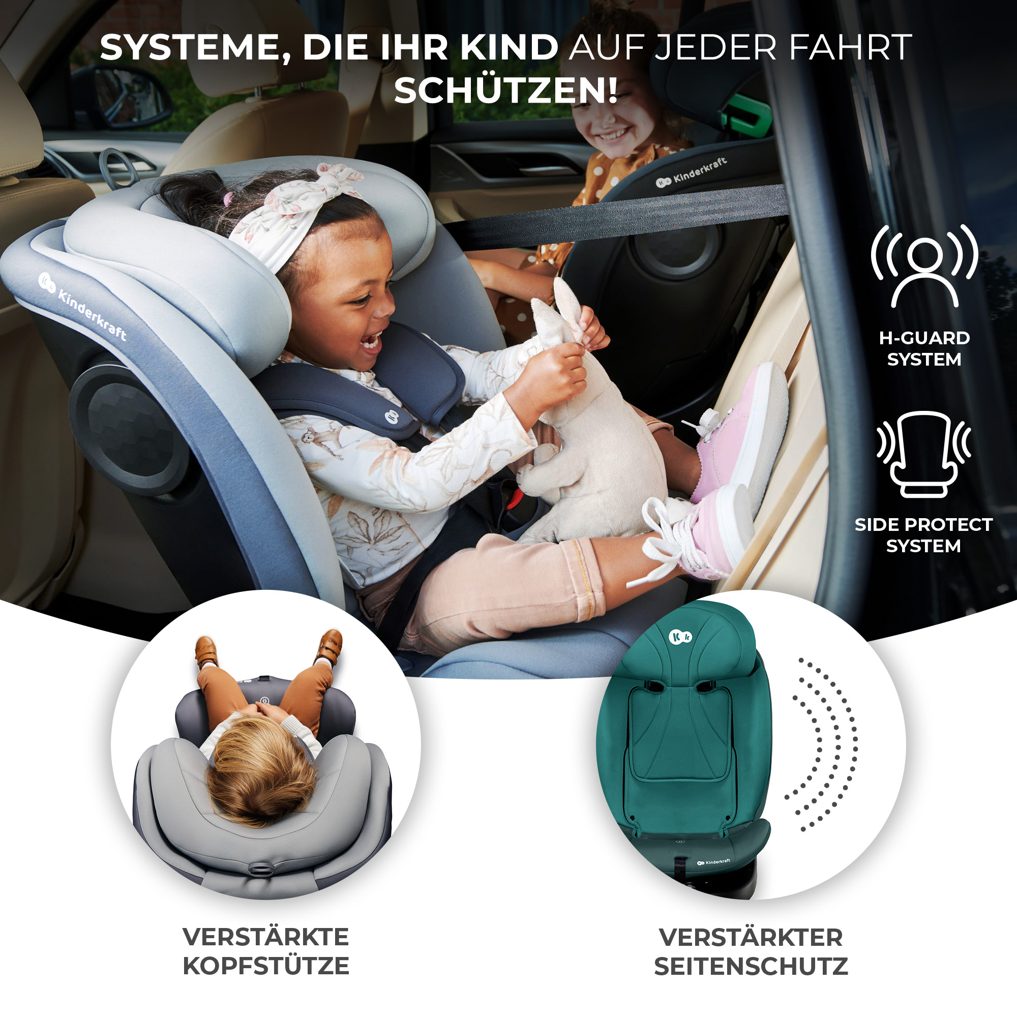 Kinder in Kindersitzen im Auto mit H-Guard und Seitenschutzsystemen.