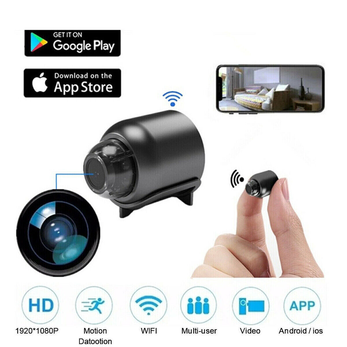 Kleine schwarze Kamera mit App-Download-Optionen, HD-Symbolen und Funktionen.