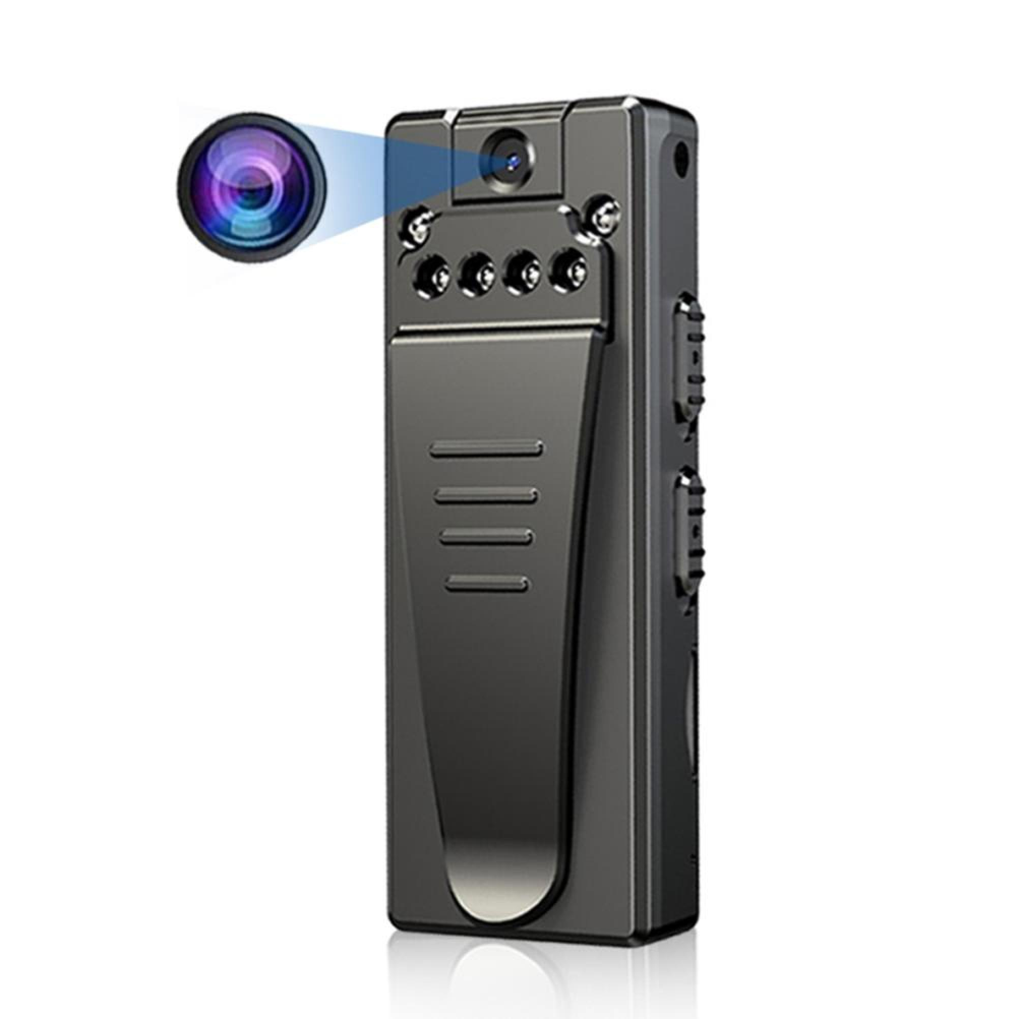 Kompakte schwarze Kamera mit Clip und Linse.