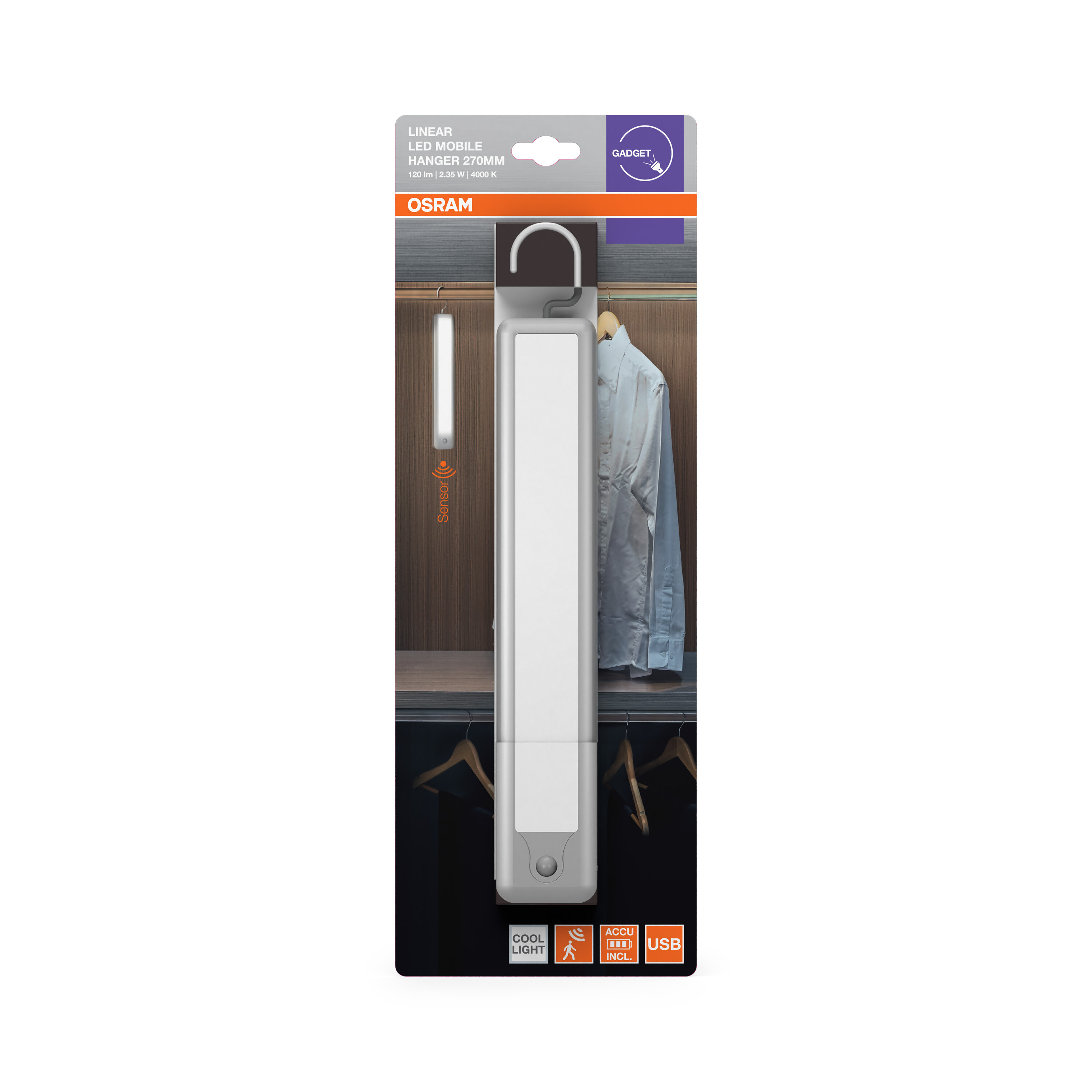 Osram LED Hänger mit Bewegungssensor in Kleiderschrank. Kleidung und Kleiderbügel sichtbar.