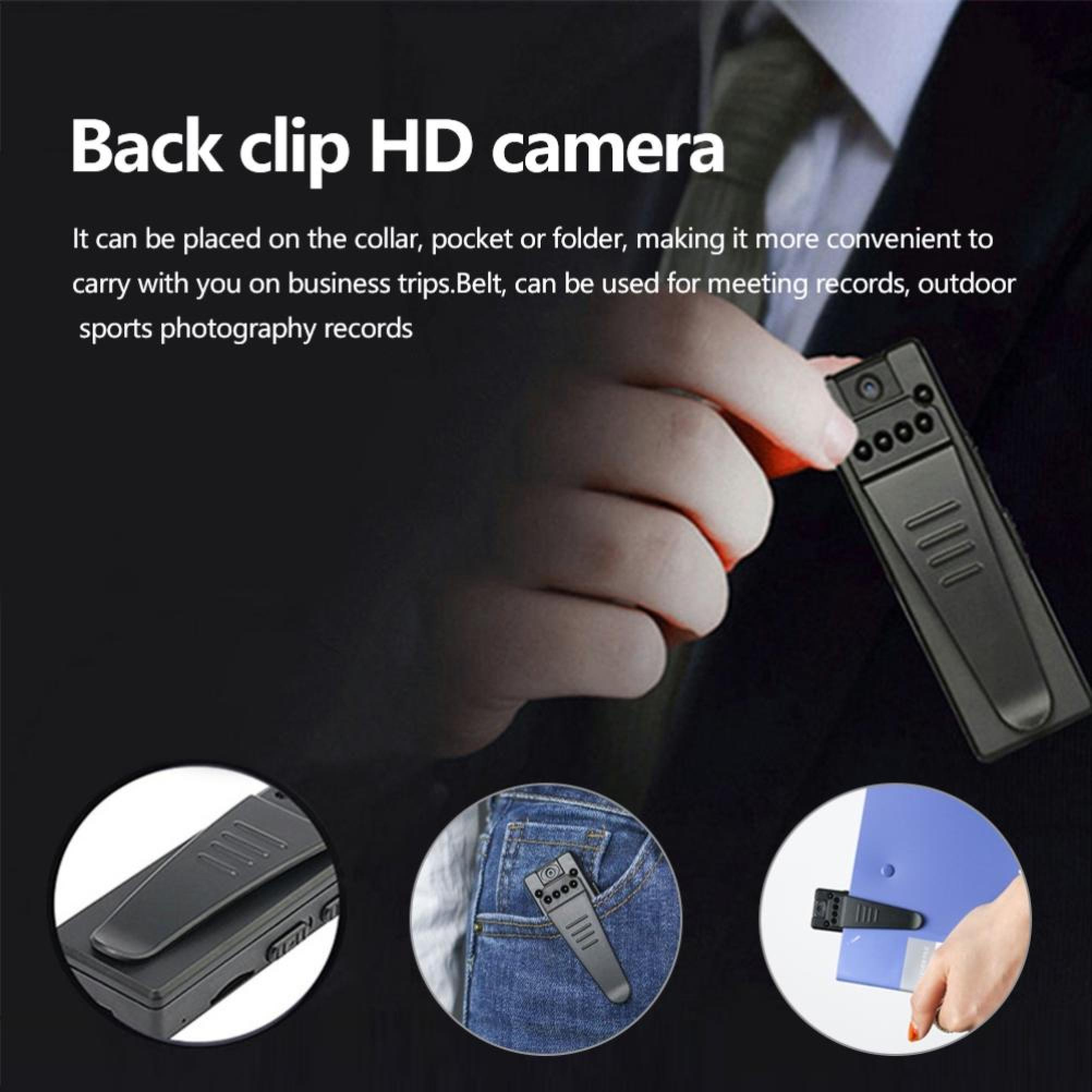 Schwarze HD-Kamera mit Clip, die an Kleidung oder Ordner befestigt wird.