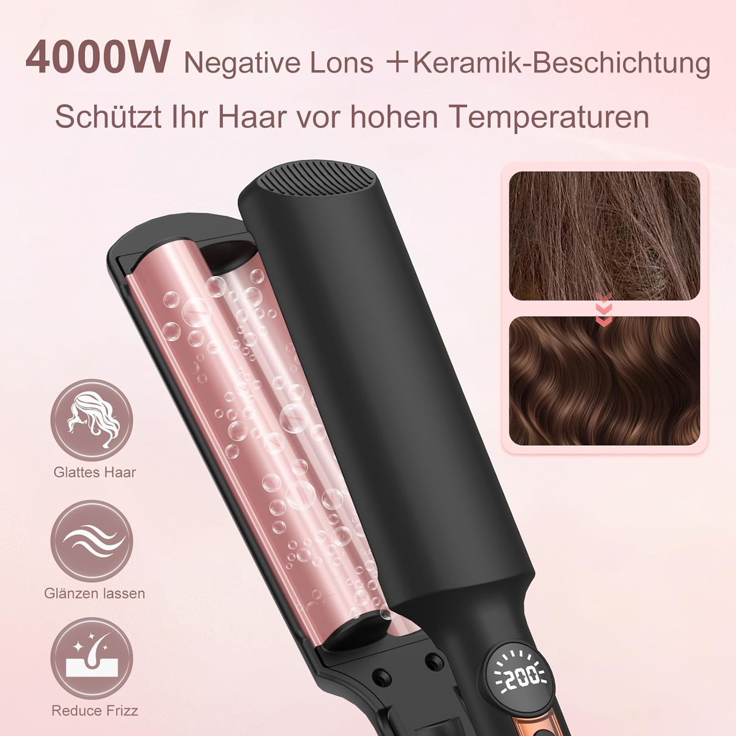 Haarglätter mit 4000W, negative Ionen & Keramikbeschichtung für Hitzeschutz.