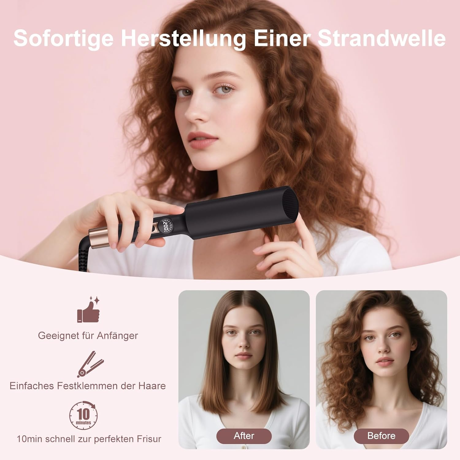 Frau mit Lockenstab, die sofortige Strandwellen erzeugt, mit Vorher-Nachher-Bildern.