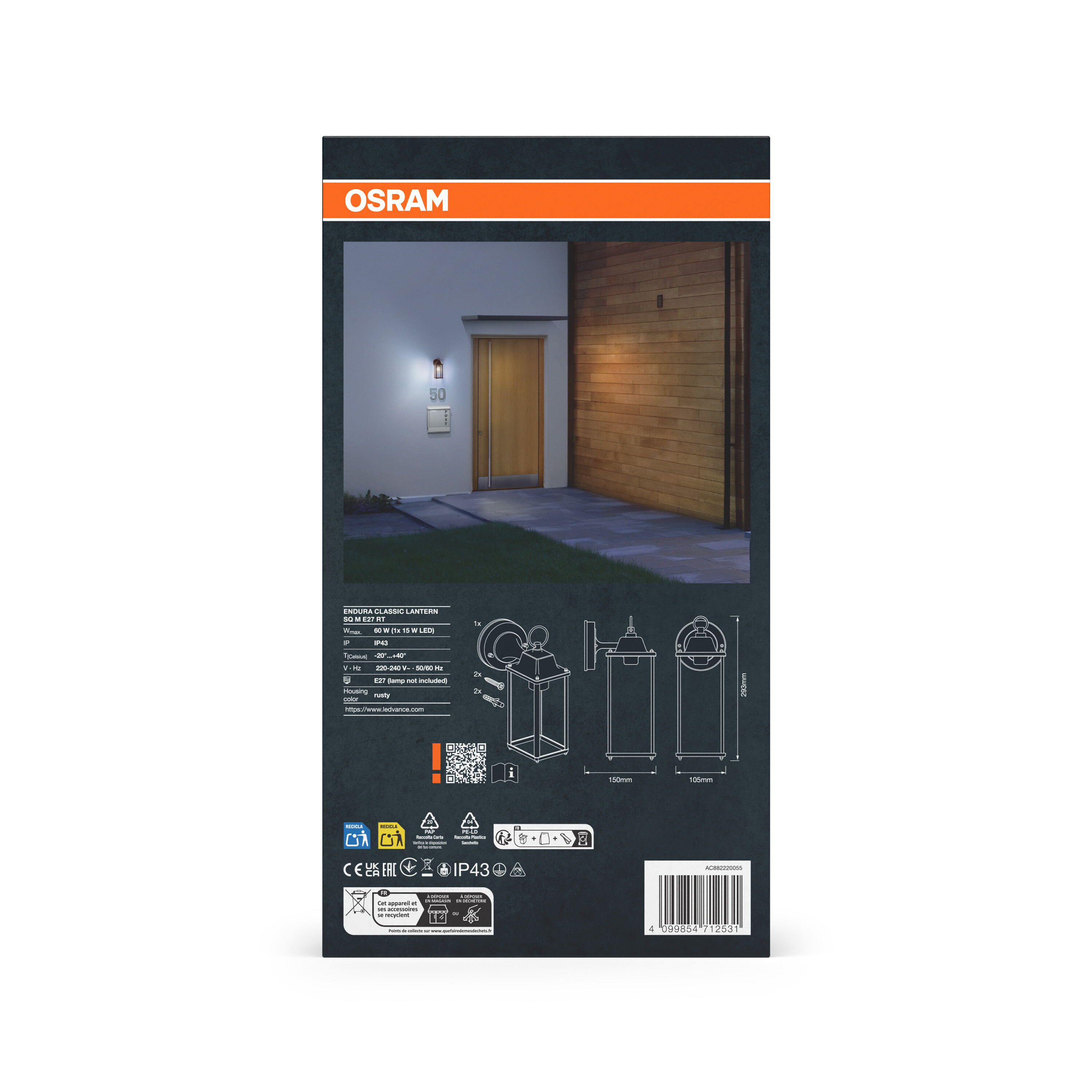 Osram Verpackung mit Außenleuchte, Tür, Hausnummer 50 und technischen Details.