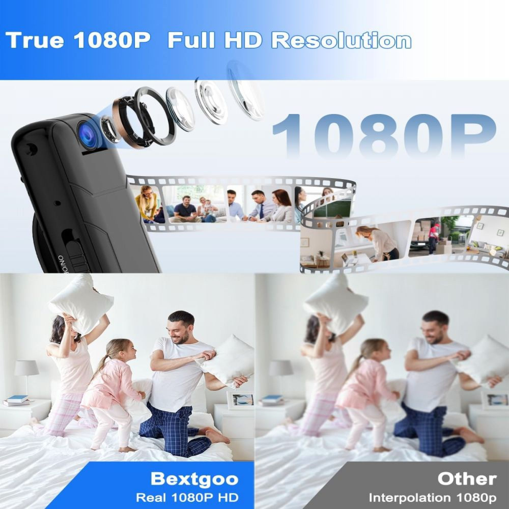 Eine Kameraanzeige zeigt echte 1080p-HD-Auflösung mit einer sich bekämpfenden Familie.