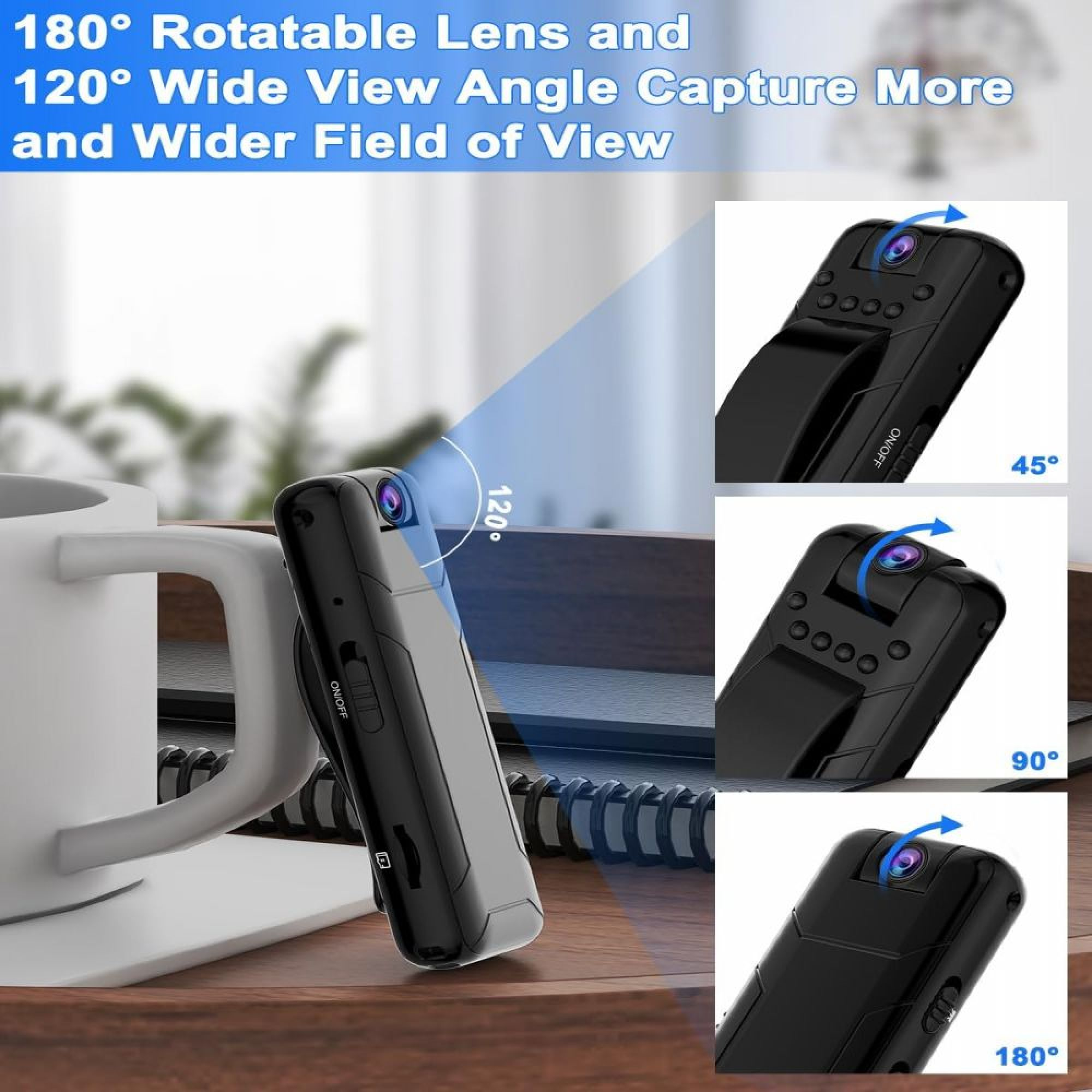 Schwarzer Mini-Camcorder mit drehbarer Linse, daneben eine weiße Tasse.