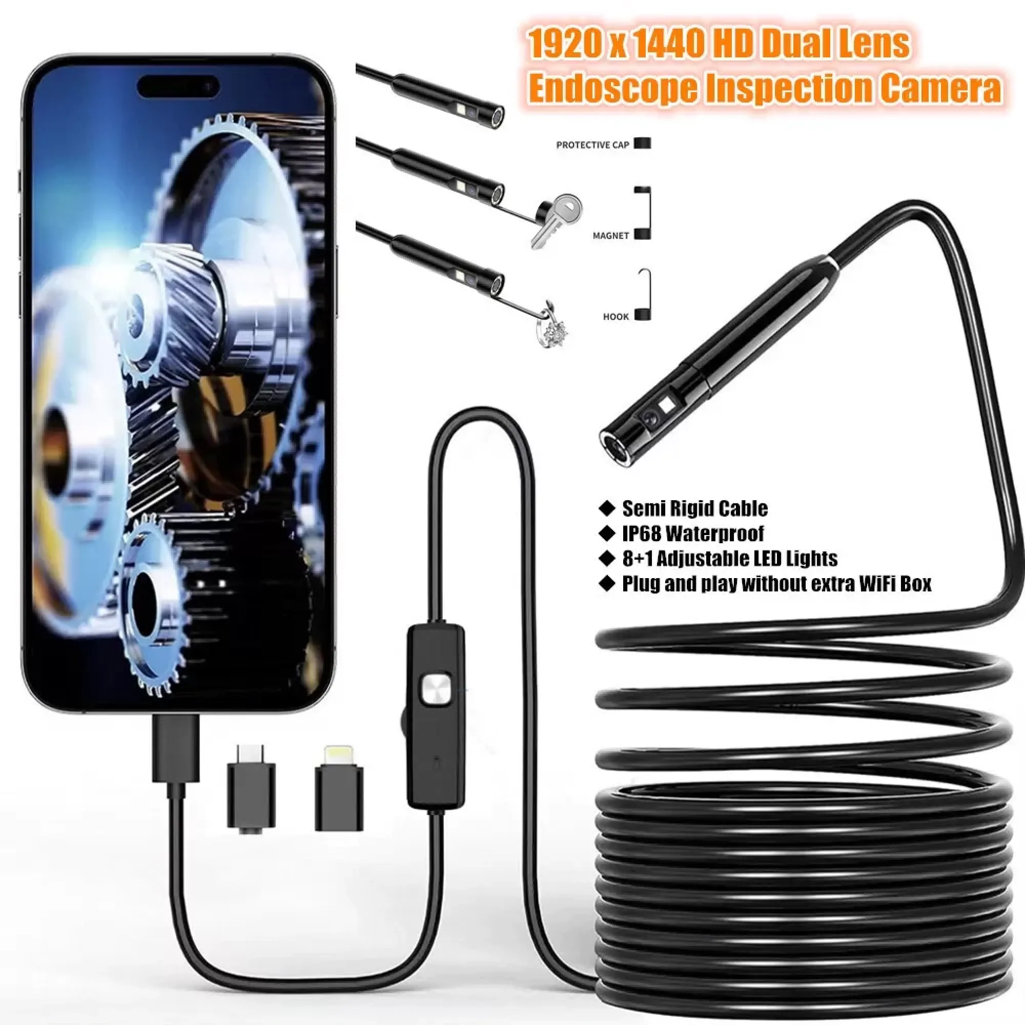 Endoskop-Inspektionskamera mit HD-Dual-Objektiv, Kabel und Adaptern.
