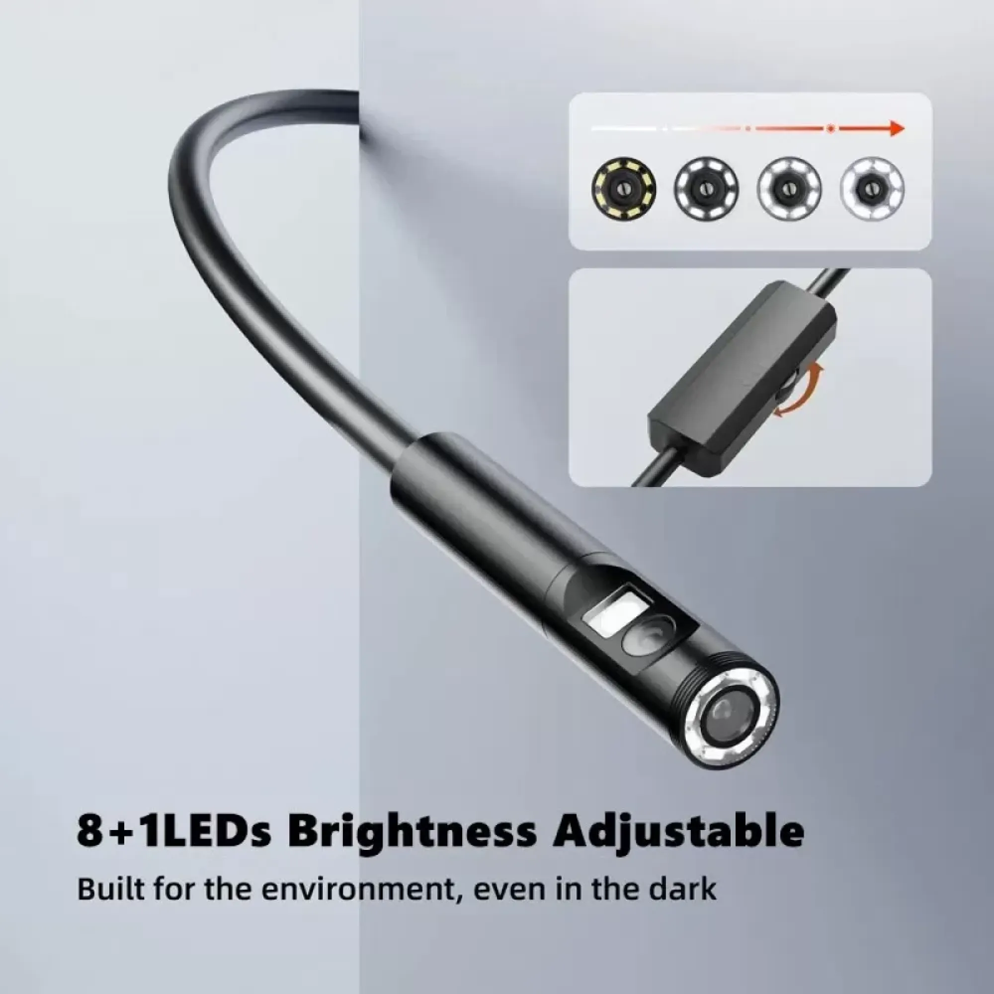 Ein schlankes, flexibles Endoskop mit Kamera und 8+1 LEDs. Helligkeit einstellbar.