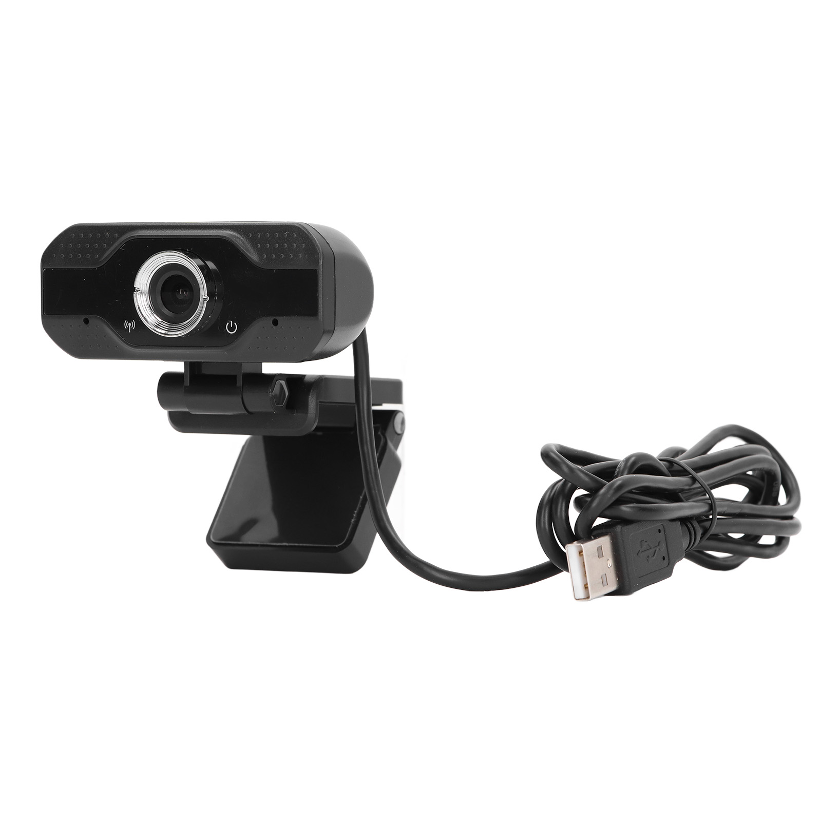 Schwarze Webcam mit USB-Kabel auf weißem Hintergrund.