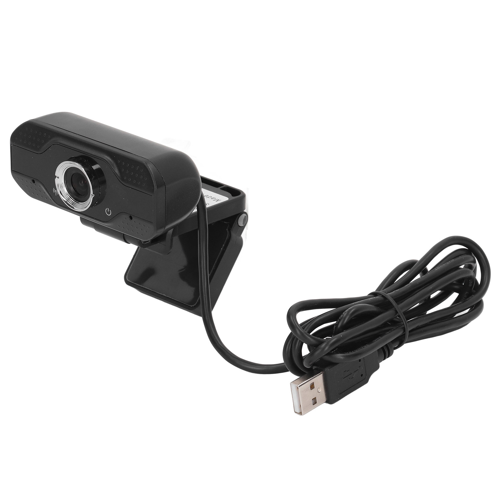 Eine schwarze Webcam mit USB-Kabel auf weißem Hintergrund.