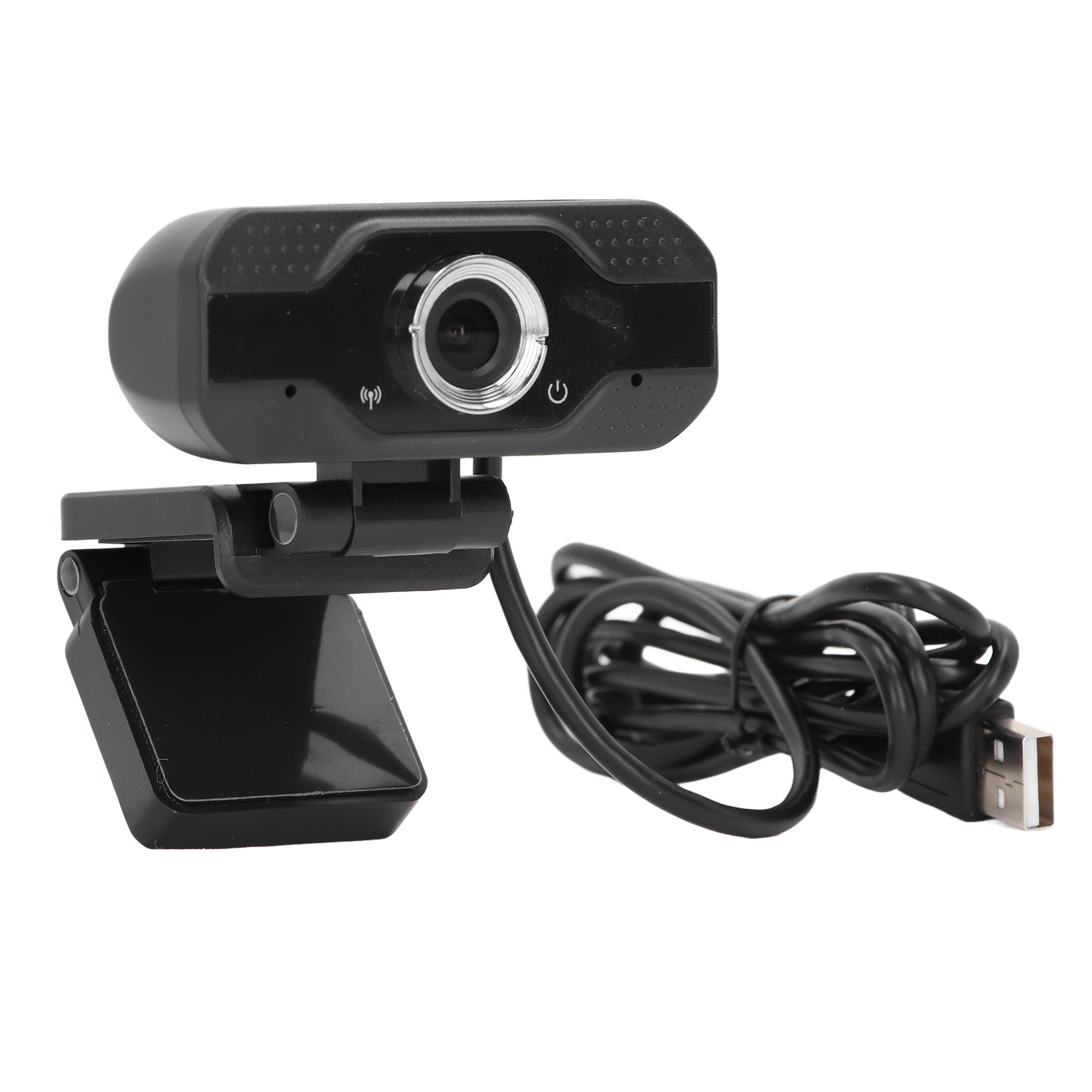 Eine schwarze Webcam mit USB-Kabel und Clip-Ständer ist vor weißem Hintergrund abgebildet.