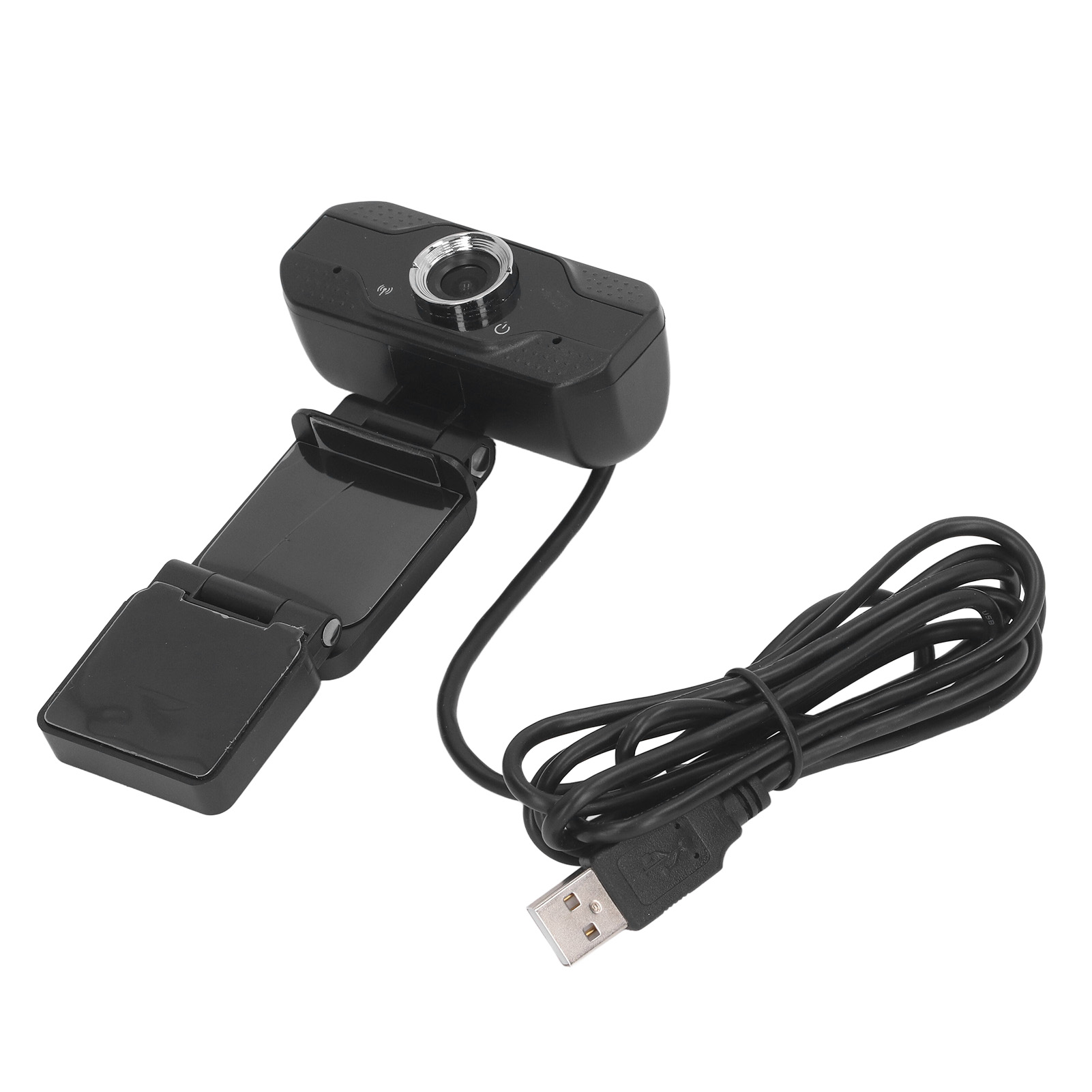 Eine schwarze Webcam mit USB-Kabel liegt auf weißer Fläche.
