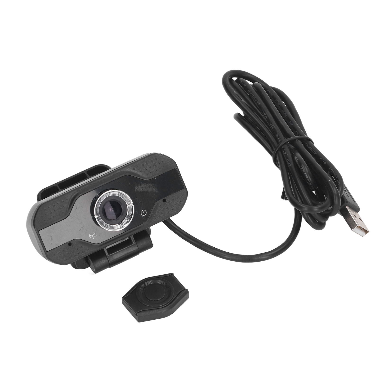Eine schwarze Webcam mit USB-Kabel und einem kleinen Schutzdeckel.