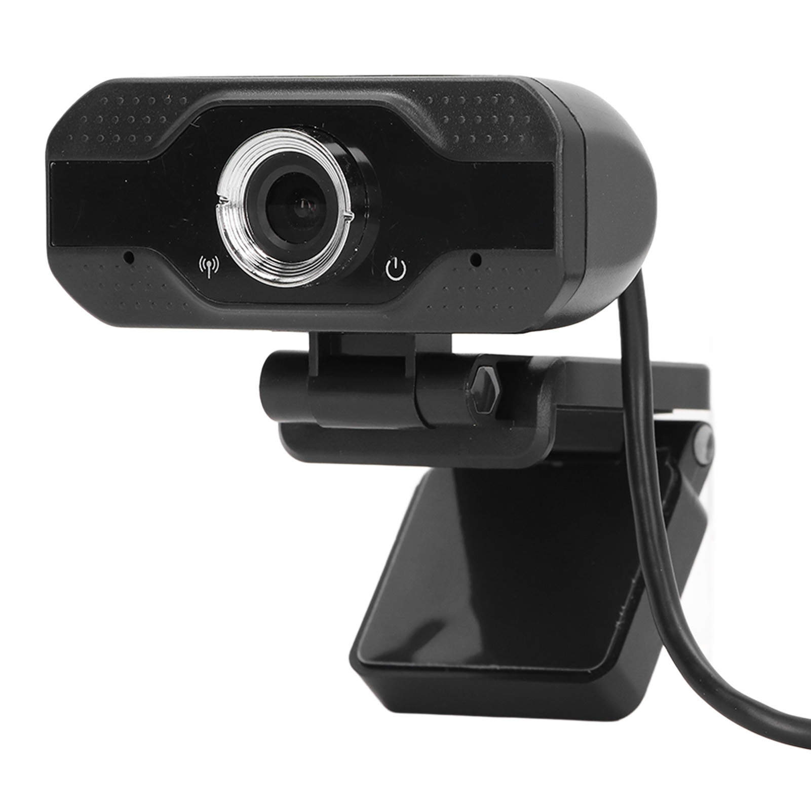 Eine schwarze Webcam mit silbernem Ring um die Linse, auf einem Ständer.