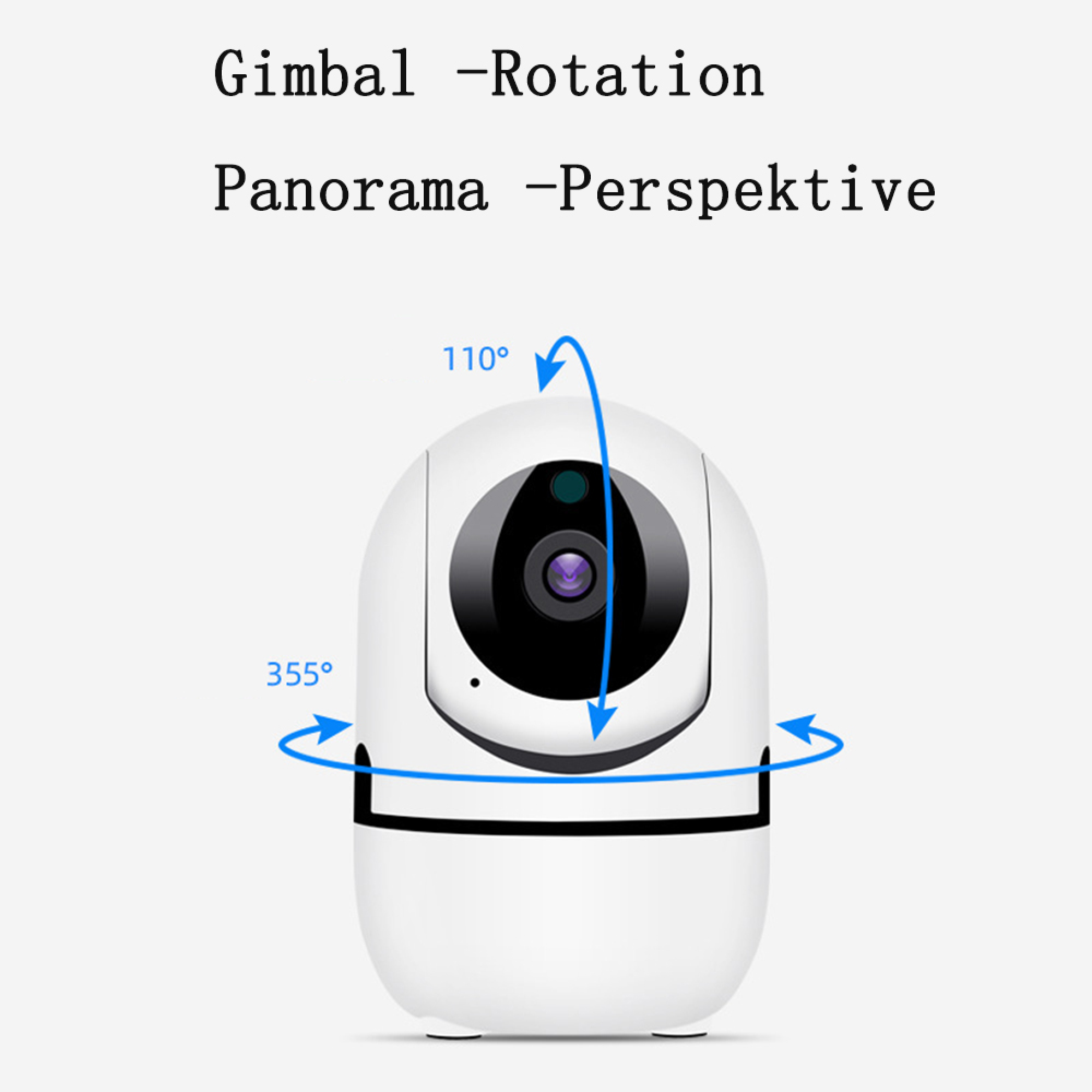 Weiße Überwachungskamera mit Gimbal-Rotation und Panorama-Perspektive.