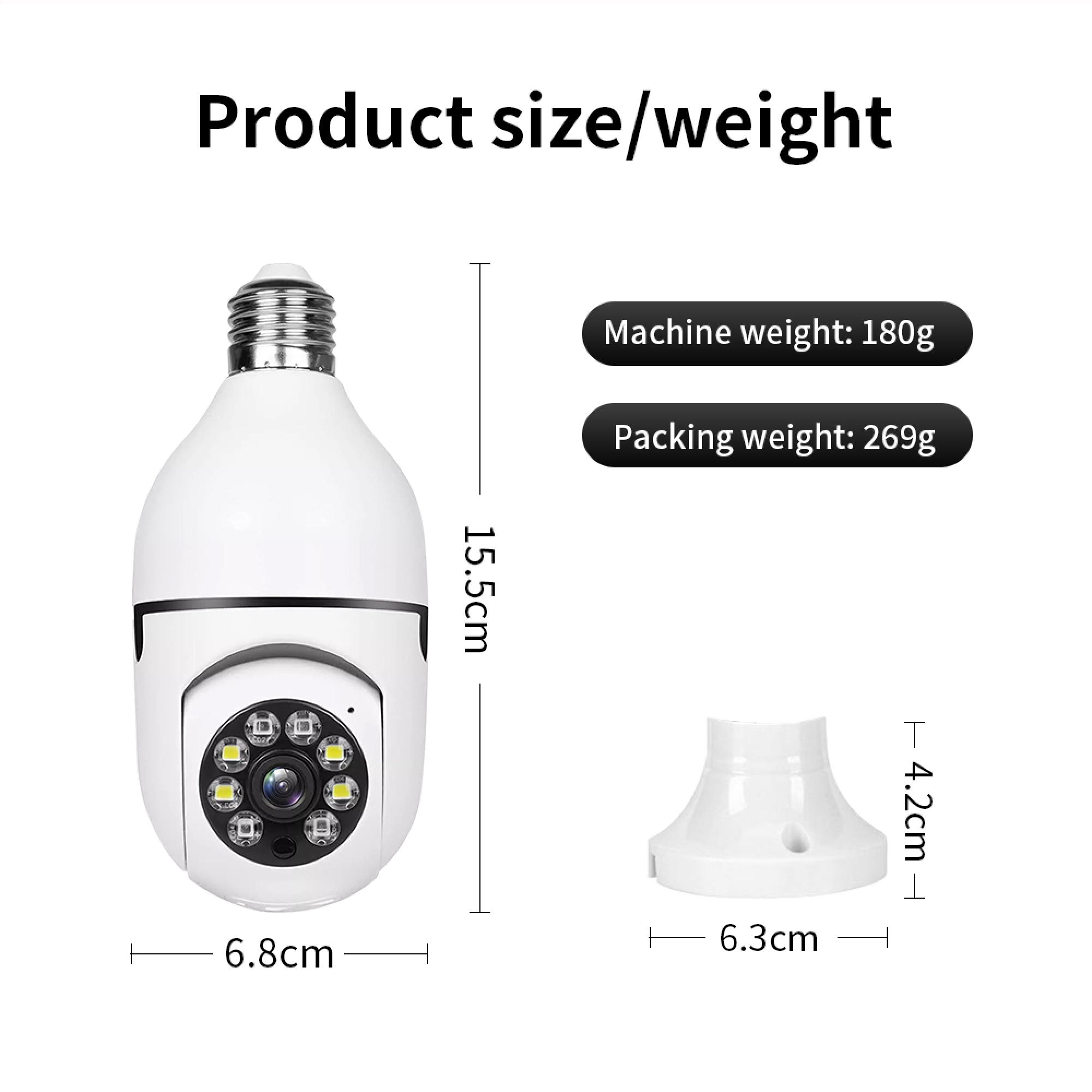 Eine Glühbirnenkamera mit Maßen und Gewichten. Maße: 15,5 cm H, 6,8 cm B.