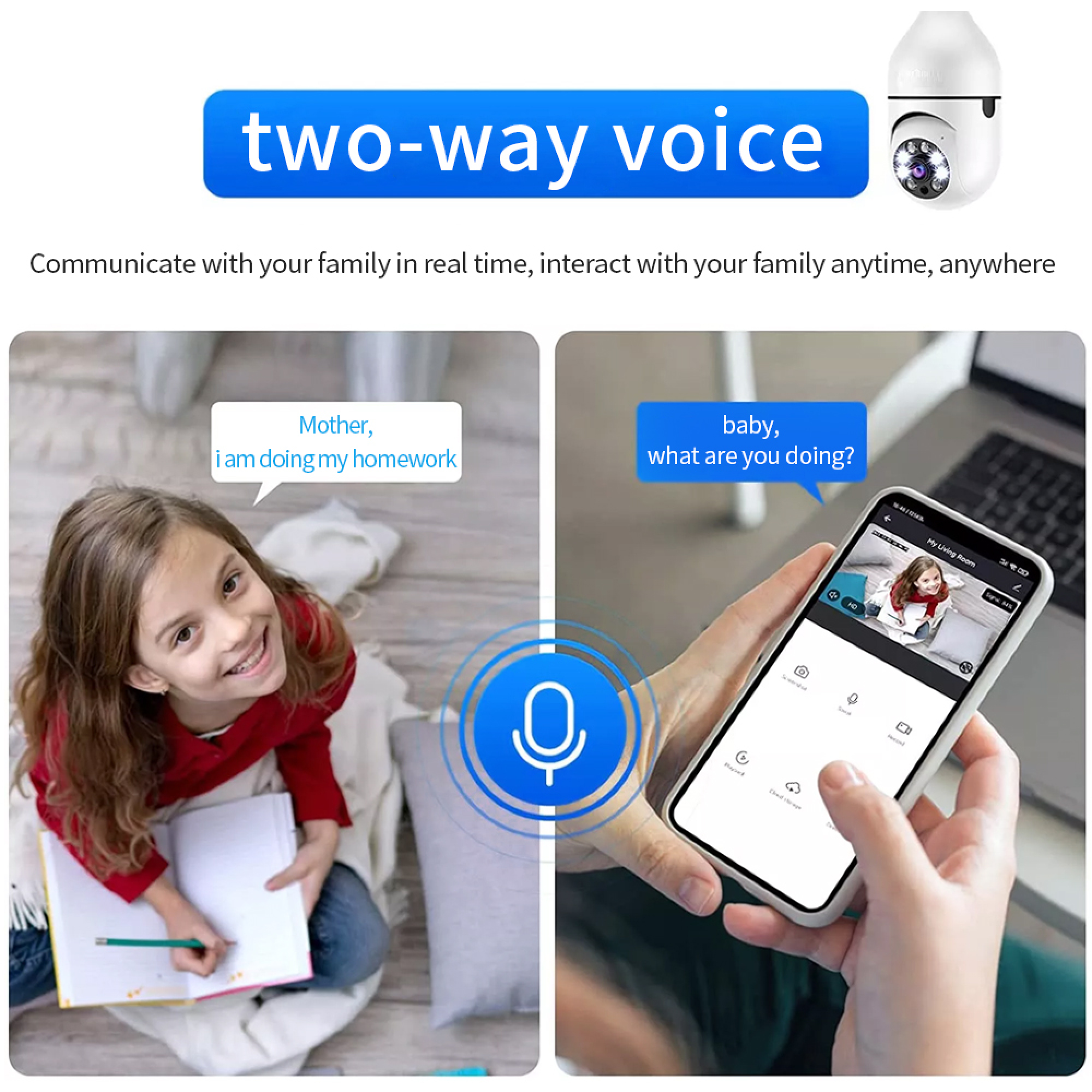 Ein Kind lernt, während eine Person ein Smartphone mit einer Überwachungskamera-App hält.