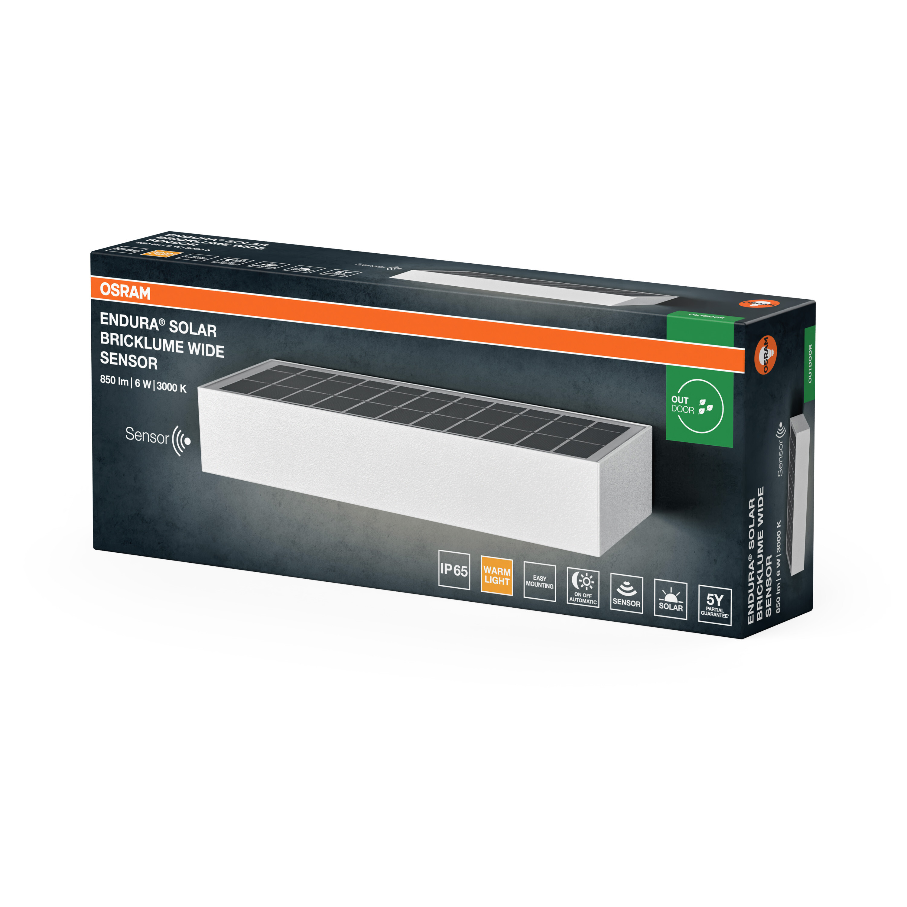 Osram Endura Solar Bricklume Wide Sensor auf dunkler Verpackung.