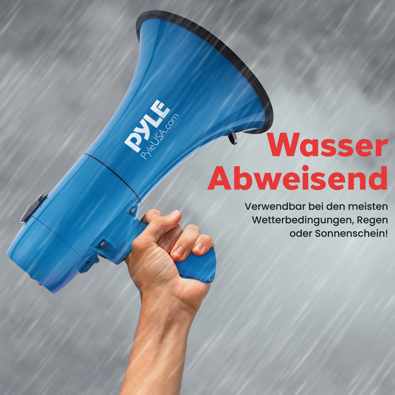 Blaue Megafon-Sirene in der Hand, mit Text: Wasserabweisend.