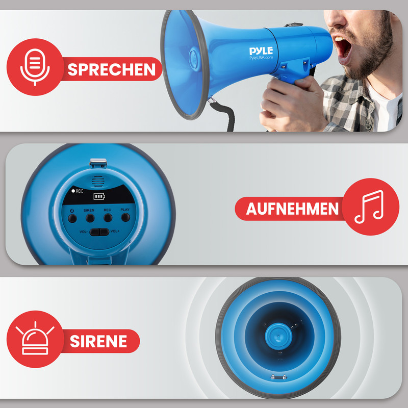 Ein blauer Megafon mit Aufnahmetaste und Sirene.