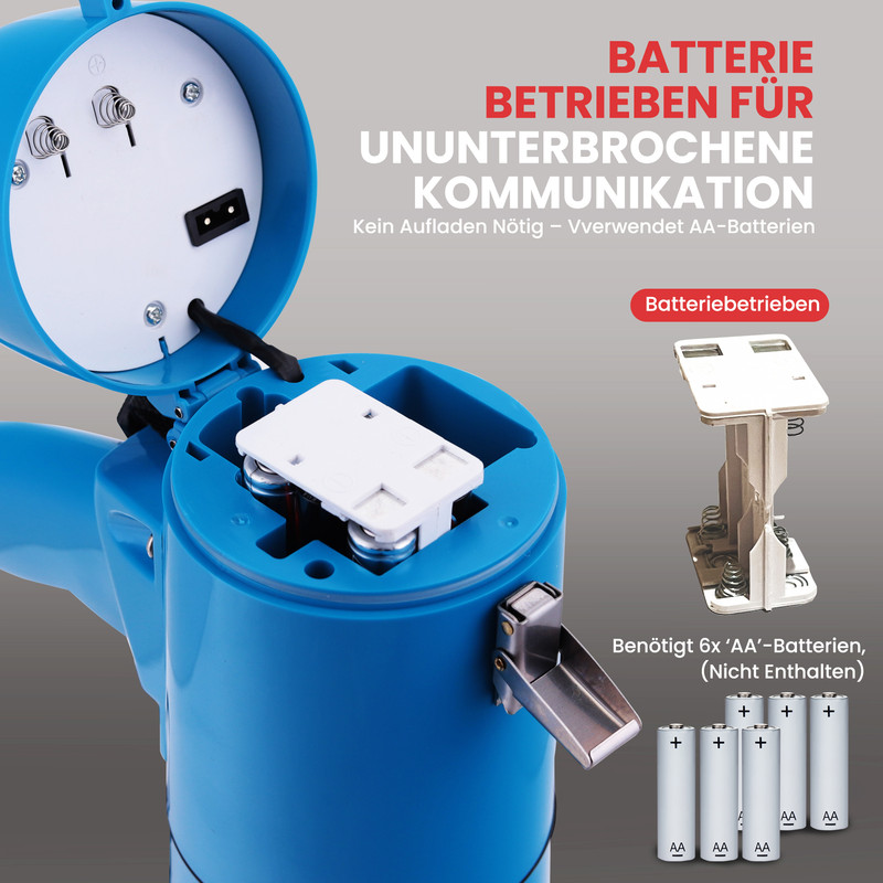Blauer Kasten mit offenem Deckel, zeigt Batteriefach und AA-Batterien.