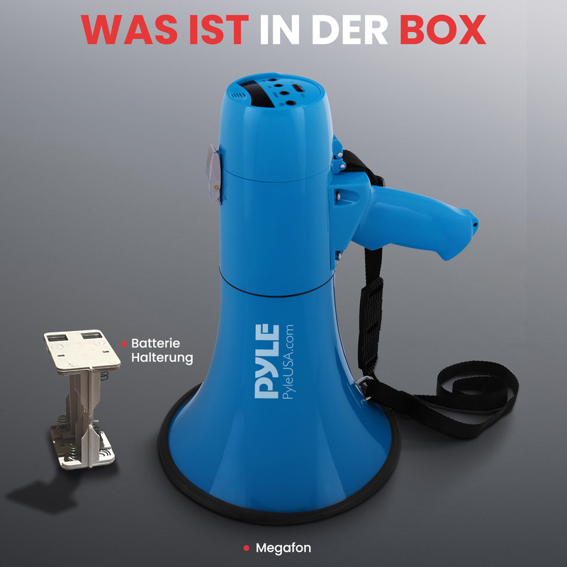 Ein blauer Megafon und eine Batteriehalterung auf grauem Hintergrund.