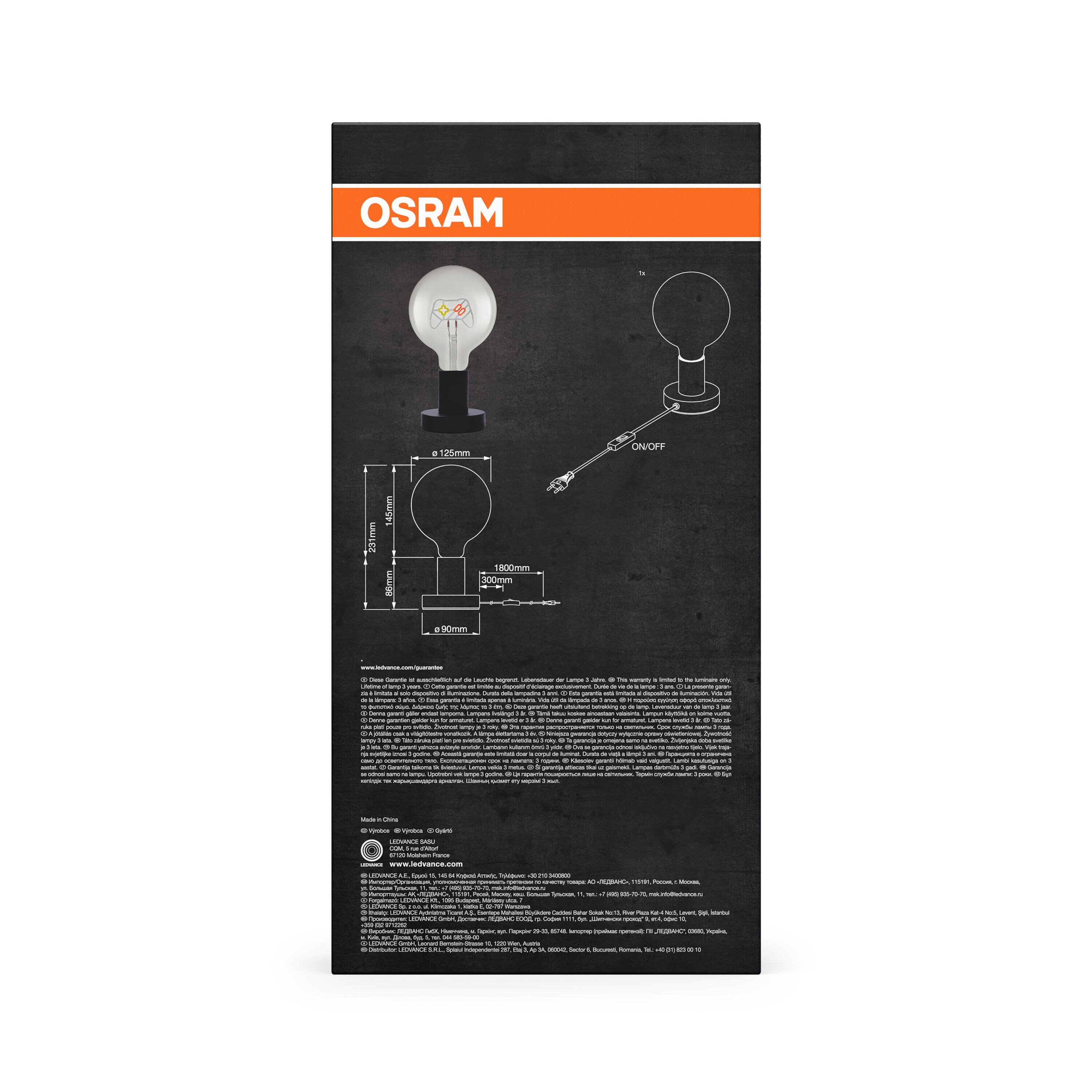 OSRAM Glühbirne mit Controller und Maßangaben auf dunklem Hintergrund.
