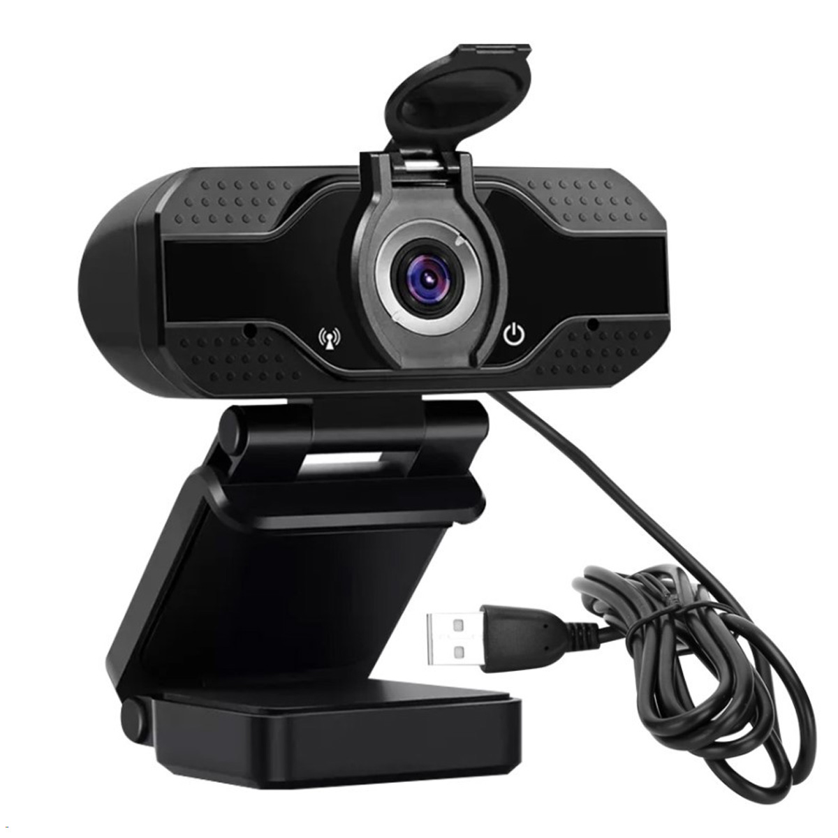 Eine schwarze Webcam mit USB-Kabel und verstellbarem Ständer, auf weißem Hintergrund.