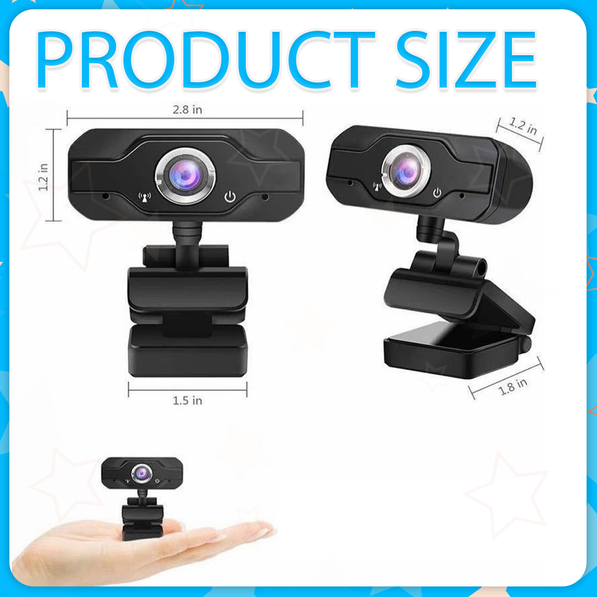 Produktgrößenanzeige: Webcams mit Maßen. Eine Hand hält eine kleine Webcam.