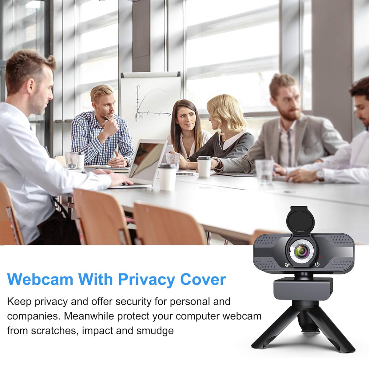 Besprechung mit Webcam und Datenschutzabdeckung