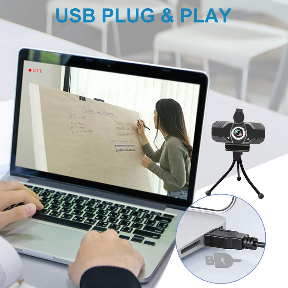 Laptop mit Webcam und USB-Anschluss, eine Frau schreibt an einer Tafel.