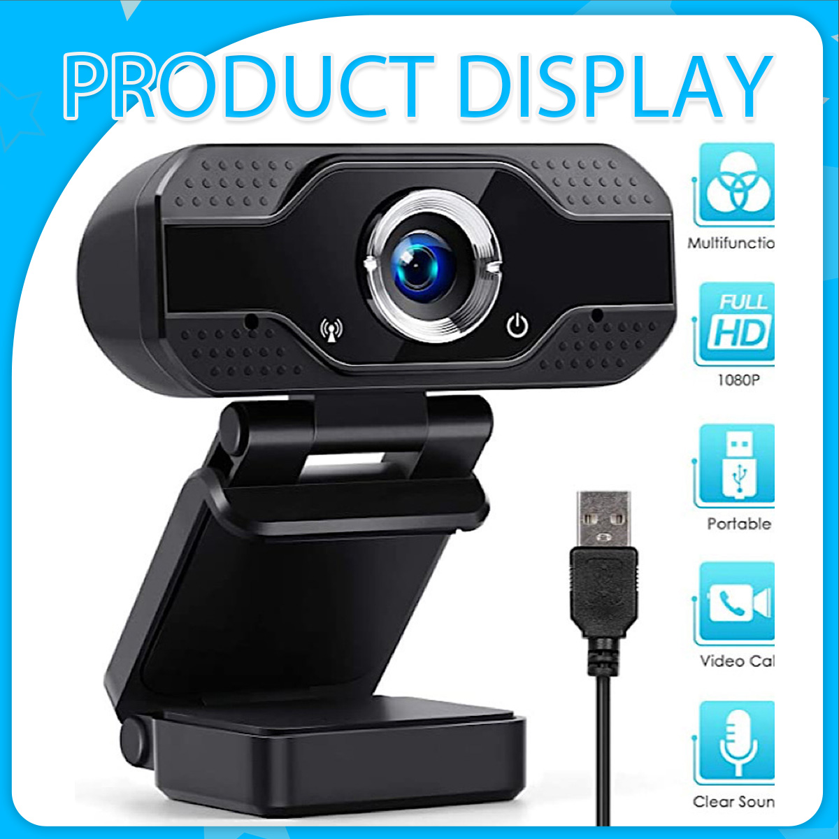 Schwarze Webcam mit verstellbarem Ständer und USB-Kabel. Funktionen: Full HD, Videoanruf.