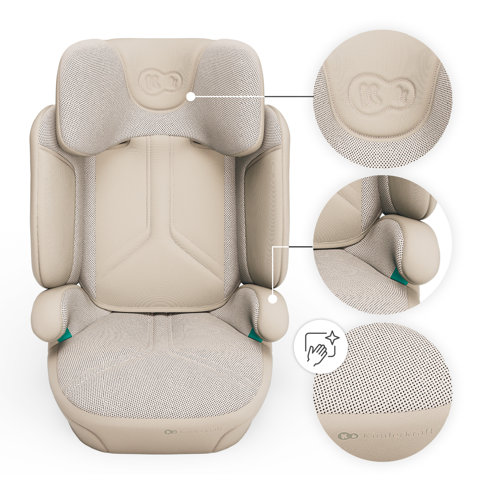 Beiger Kindersitz mit Stoffmuster und Zoom-Ansichten von Details.