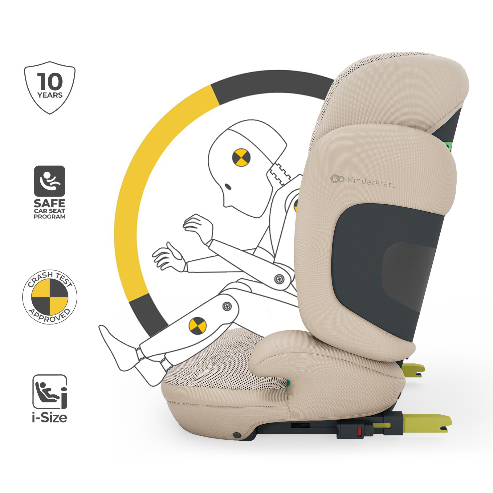 Beige Kindersitz-Rückenlehne mit schwarzem Einsatz und i-Size-Logo.