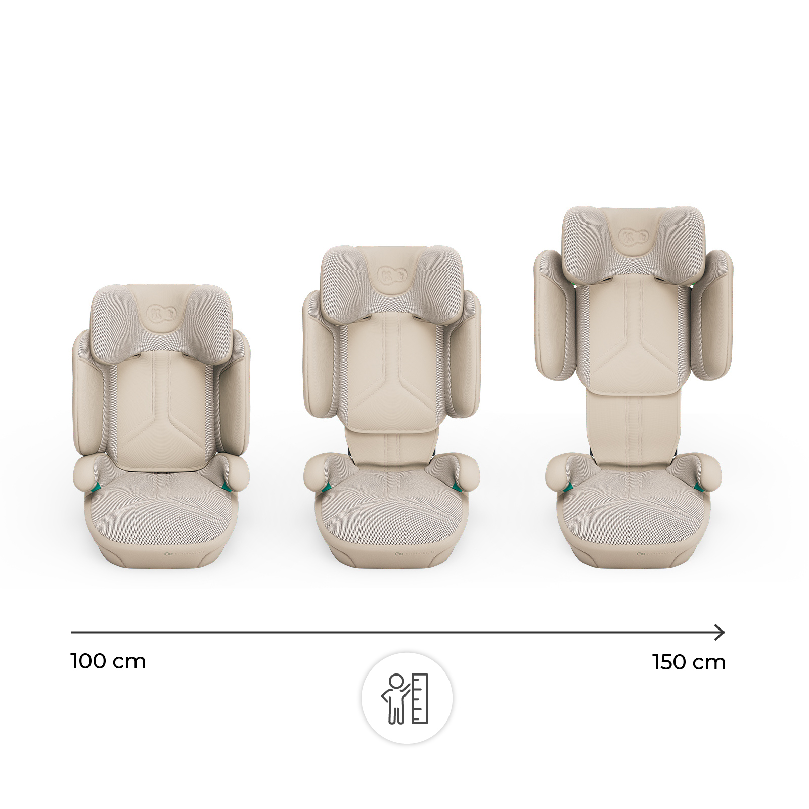 Drei beige Kindersitze nebeneinander, von klein nach groß. Skala 100-150cm.