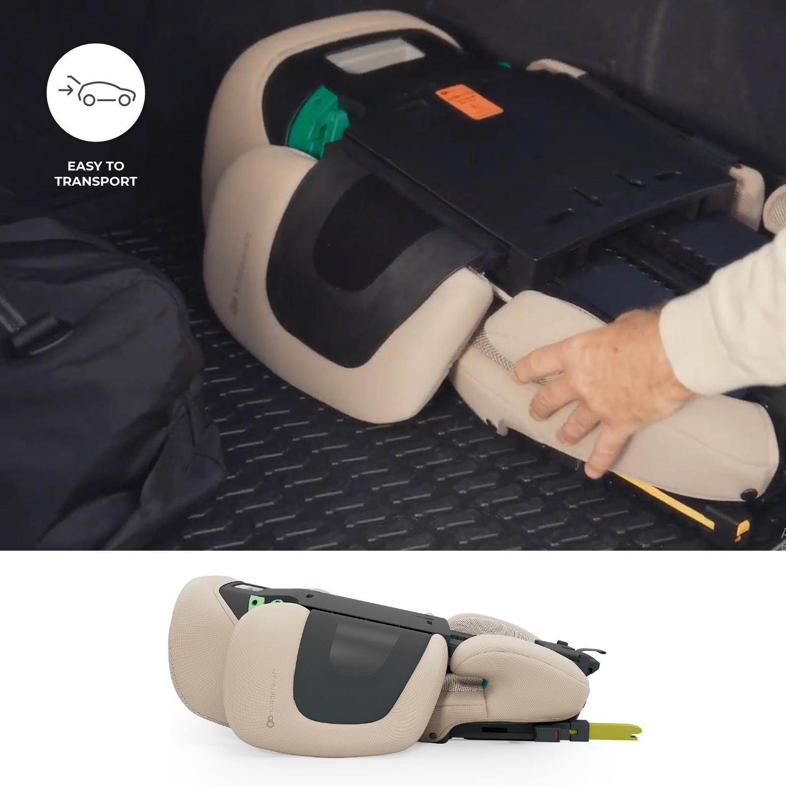 Ein beiger Kindersitz wird für den Transport im Kofferraum eines Autos zusammengeklappt.
