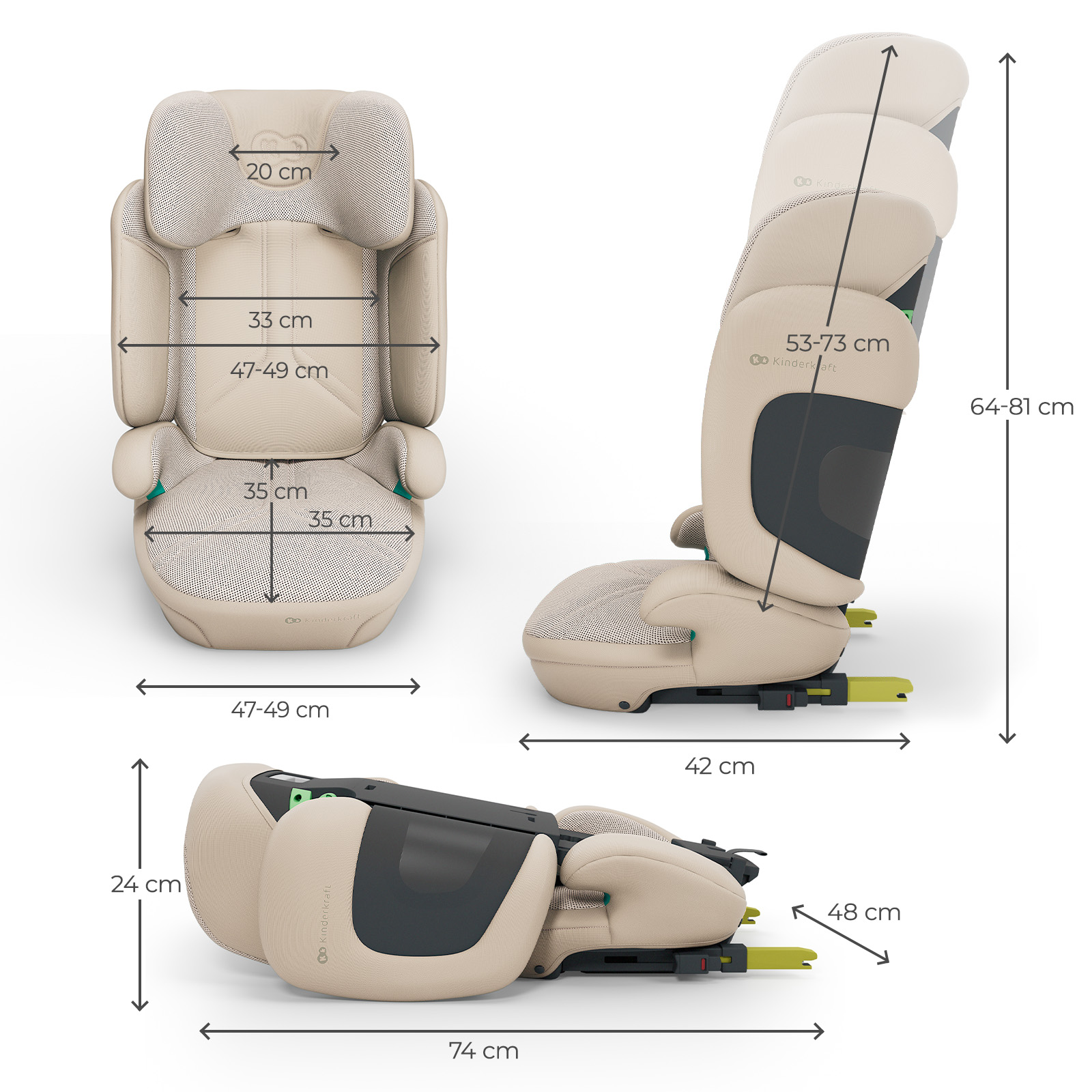 Silla de coche infantil beige con dimensiones: 20, 33, 47-49, 35, 42, 74, 24, 48, 53-73, 64-81 cm.