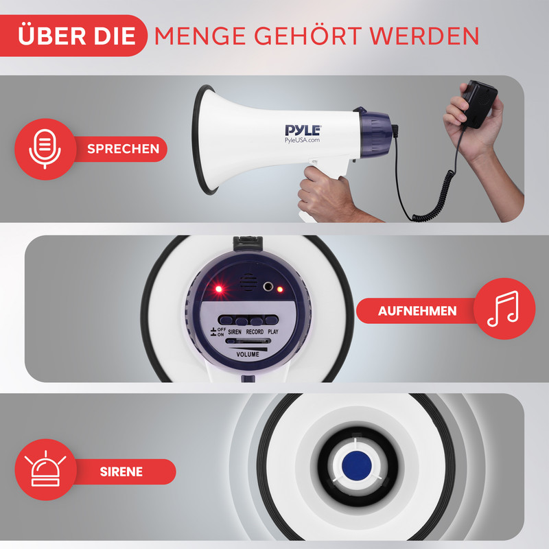 Megafon mit Sprech-, Aufnahme- und Sirenenfunktion. Über die Menge gehört werden.