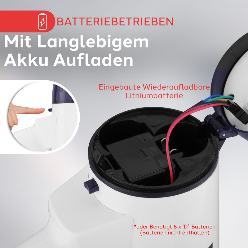 Gerät mit wiederaufladbarer Batterie oder 6 D-Batterien.