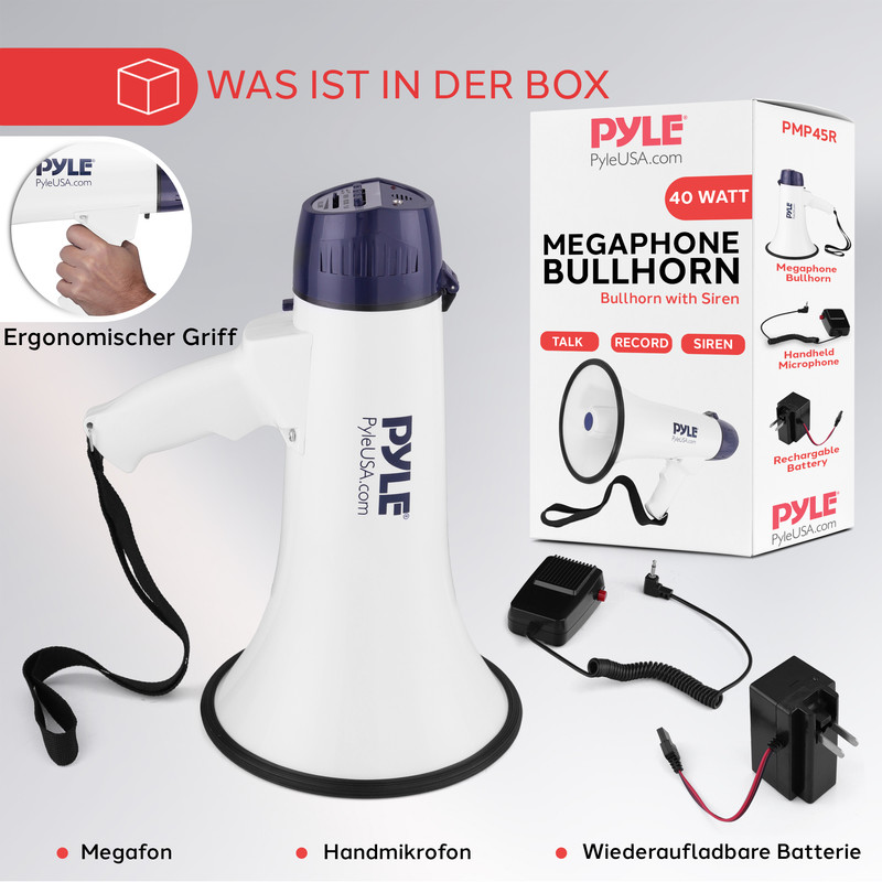 Ein weißes Megafon mit blauem Griff und Lautsprecher, daneben die Verpackung.