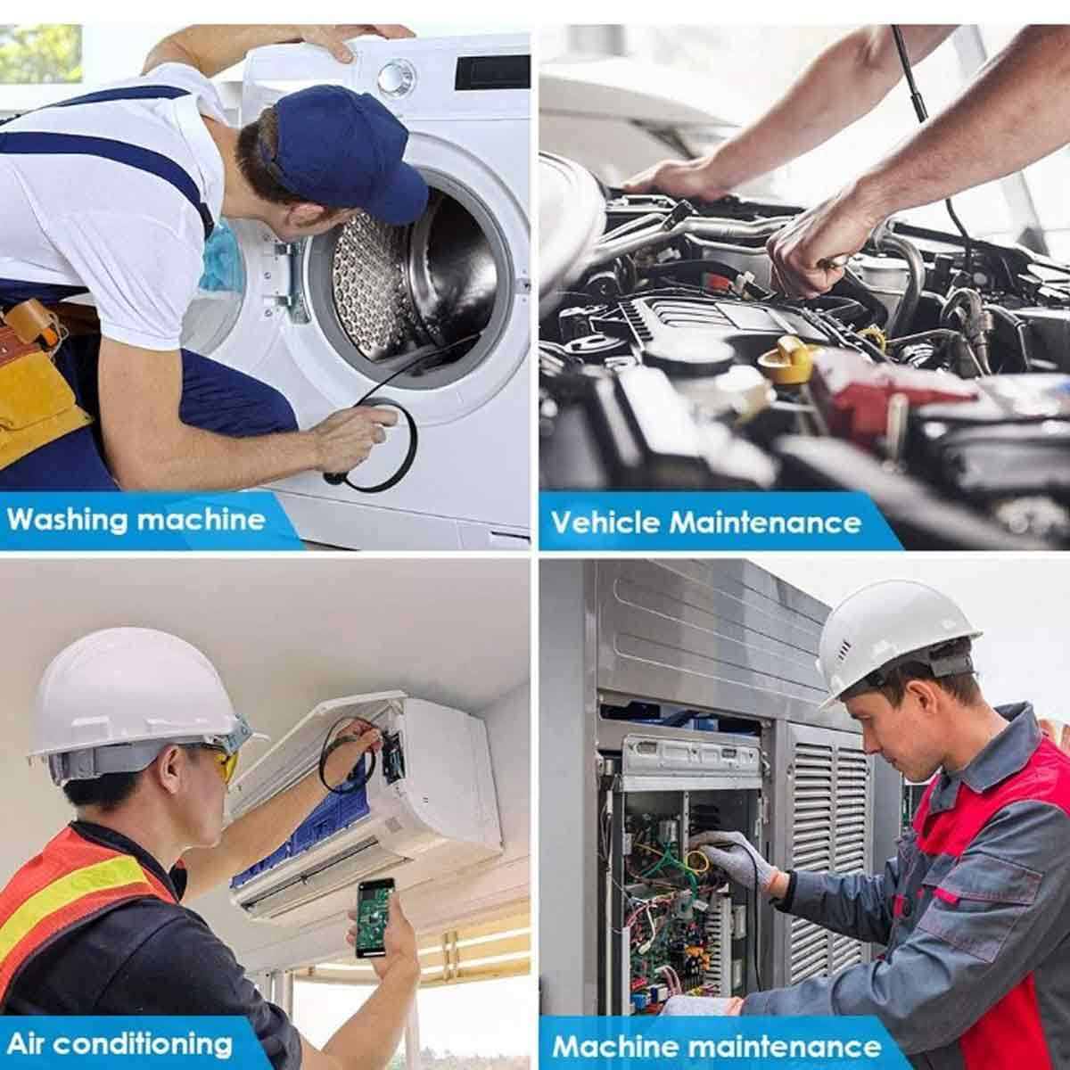 Collage von vier Wartungsdiensten: Waschmaschine, Auto, Klimaanlage und Maschinen.
