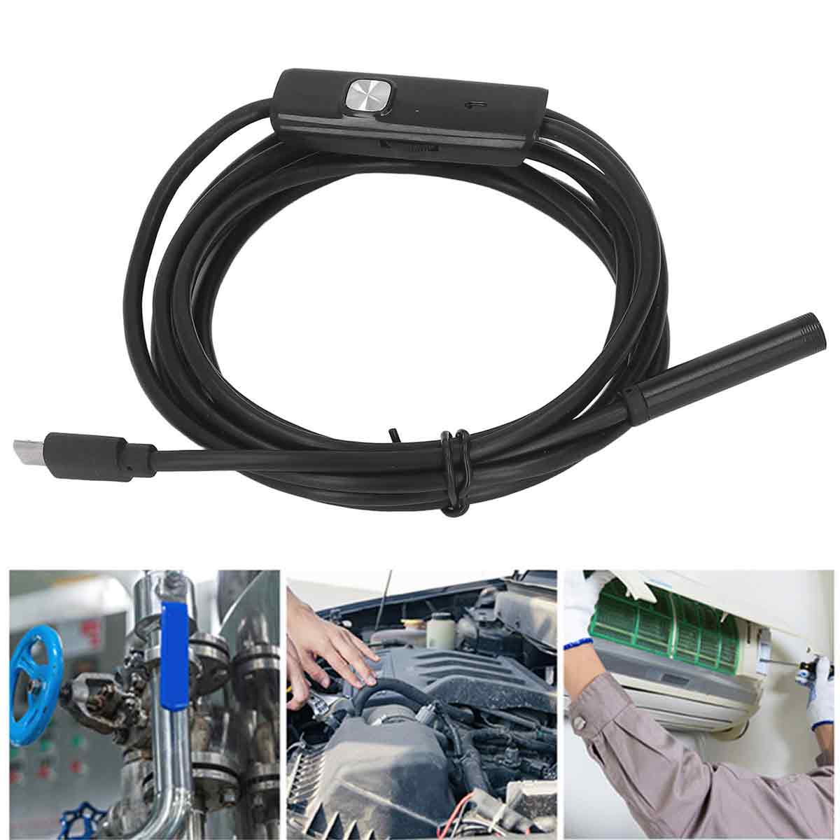 Schwarzes Endoskopkabel mit USB-Anschluss, Werkzeugansichten: Rohre, Motor, Klimaanlage.