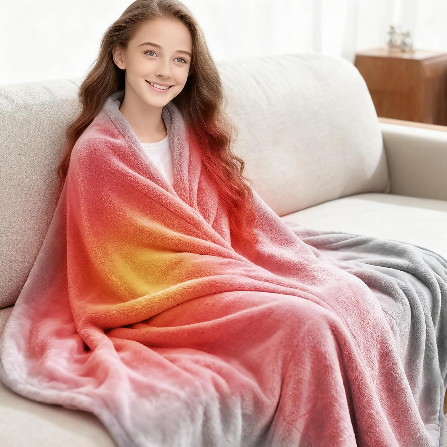 Ein Mädchen sitzt auf einer Couch, in eine bunte Decke gehüllt.