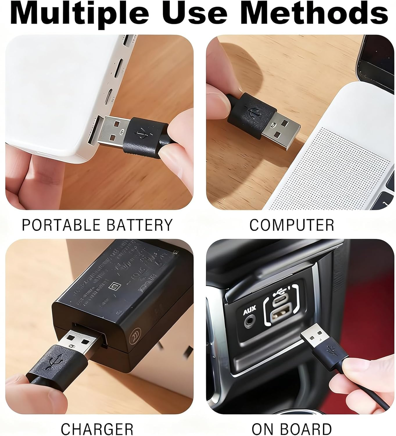 USB-Kabel wird in tragbare Batterie, Computer, Ladegerät und Bordanschluss gesteckt.