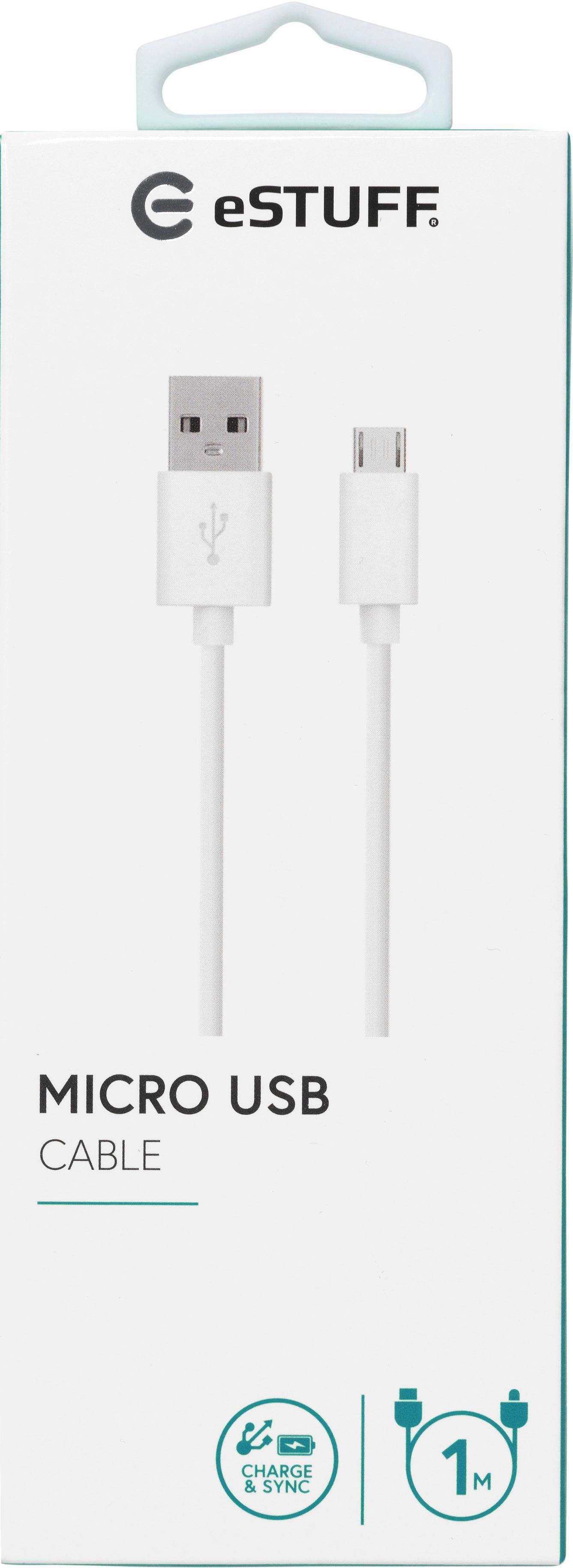 Verpackung für ein weißes Micro-USB-Kabel mit einem USB-A- und einem Micro-USB-Stecker.