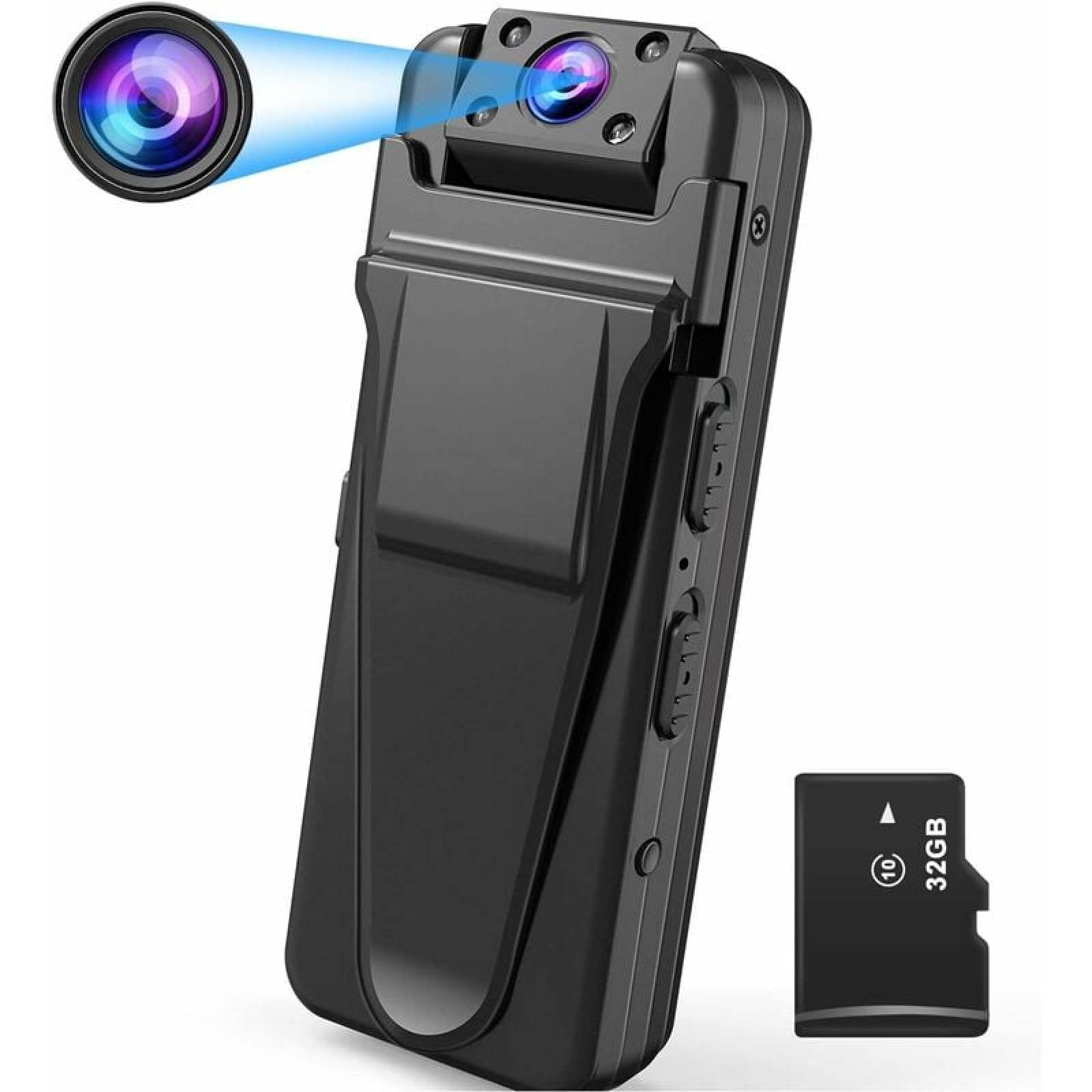 Ein schwarzer Clip-Camcorder mit einer SD-Karte. Blaue Lichter gehen von der Linse aus.
