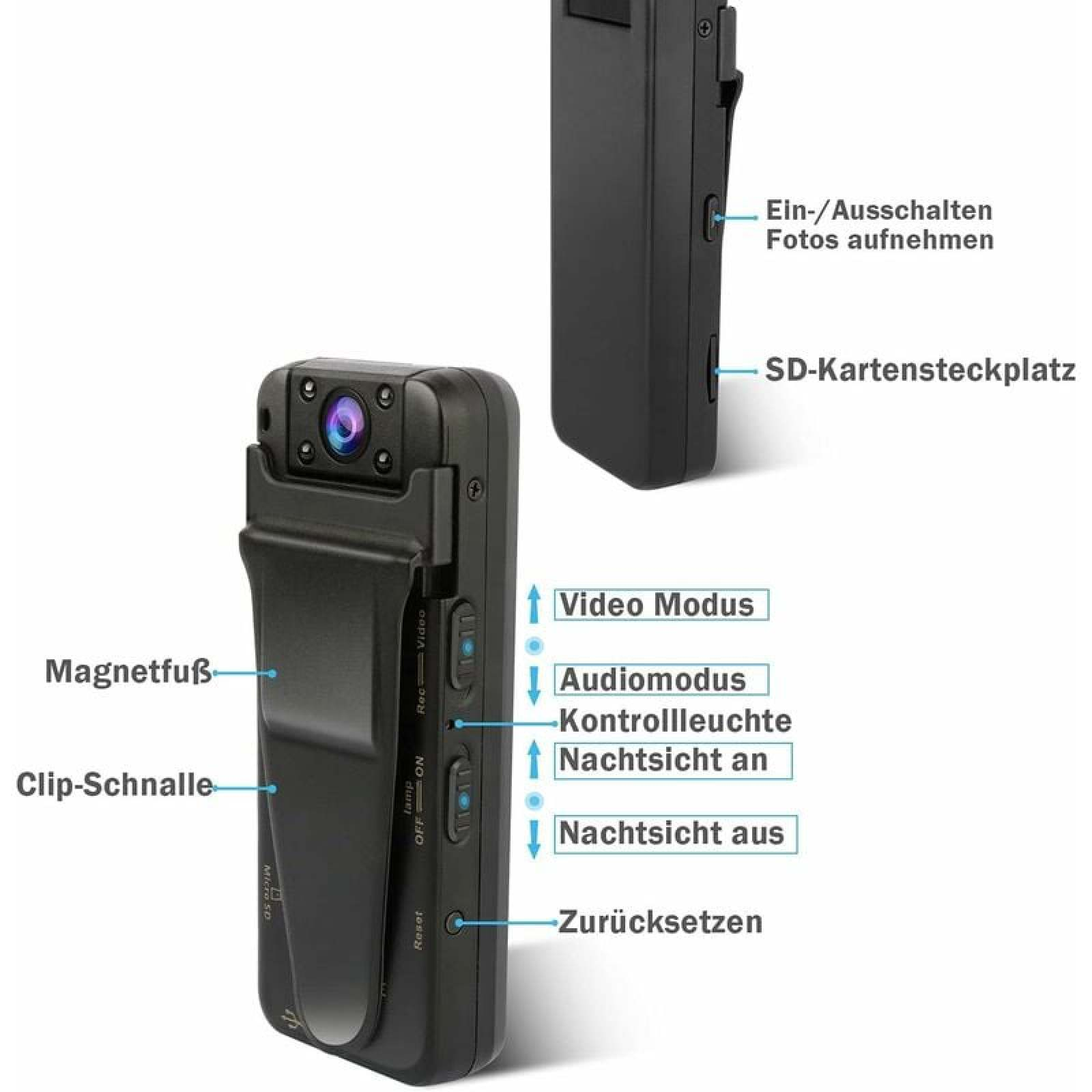 Kompakte schwarze Kamera mit Magnetfuß, Clip, SD-Kartensteckplatz und Bedienelementen.